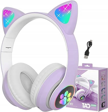 HEADPHONES FOR CHILDREN BLUETOOTH LED RGB CAT EARS KIDS SCHOOL GIFTS PURPLE