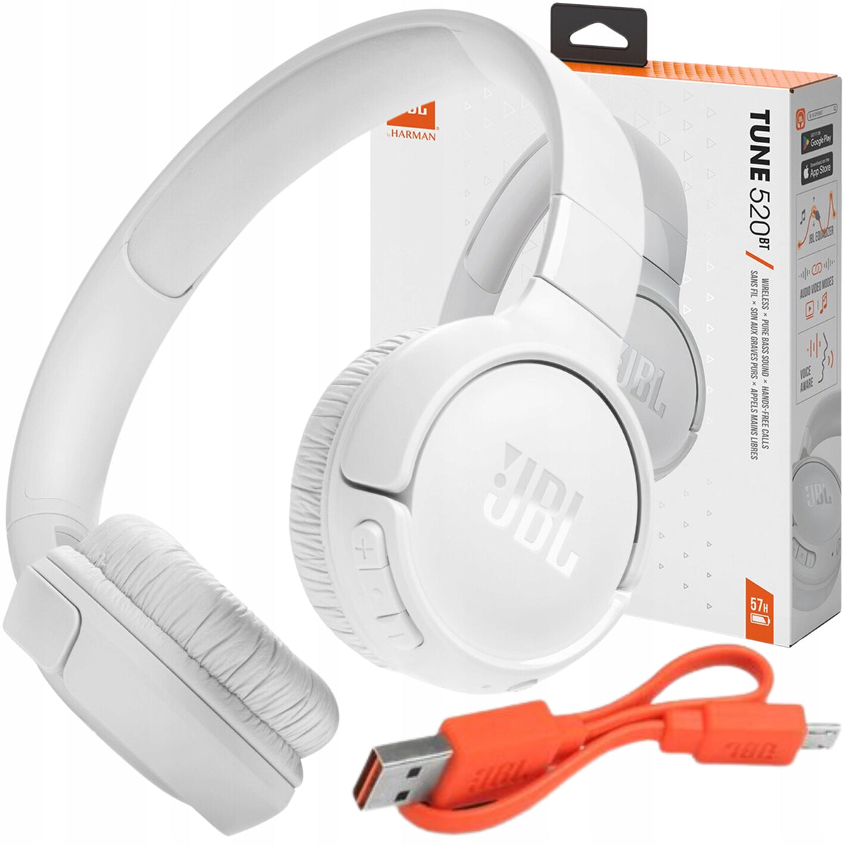 HEADPHONES JBL TUNE 520BT WIRELESS ON-EAR ORIGINAL BLUETOOTH WHITE