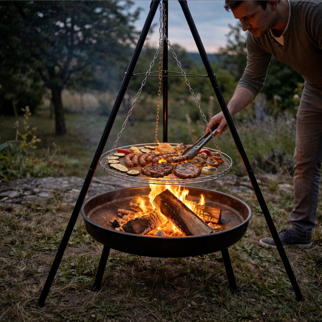HEARTH TRIPOD GRILL GARDEN FOCAL GRATE HANGING LARGE 52CM FIREPLACE Grill width 74 cm