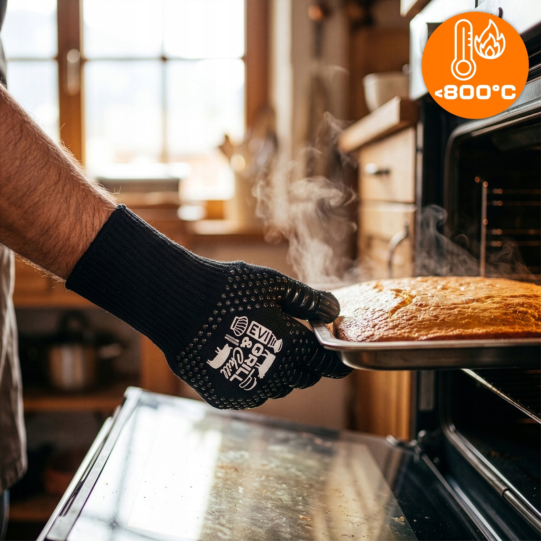 HEAT-RESISTANT PROTECTIVE KITCHEN GLOVE FOR GRILL 800°C FIREPLACE LONG CERT. Manufacturer EVI