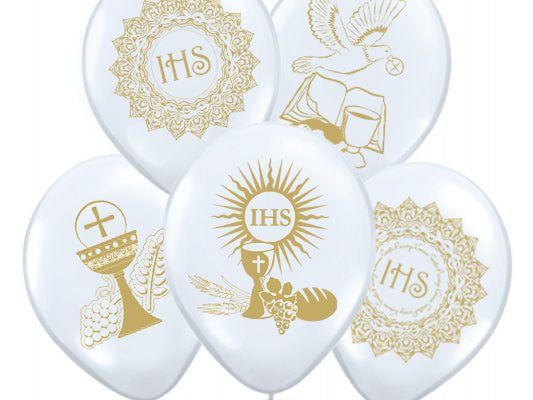 HELIUM BOTTLE + COMMUNION BALLOONS White with Print Holy Communion Set Brand PartyPro