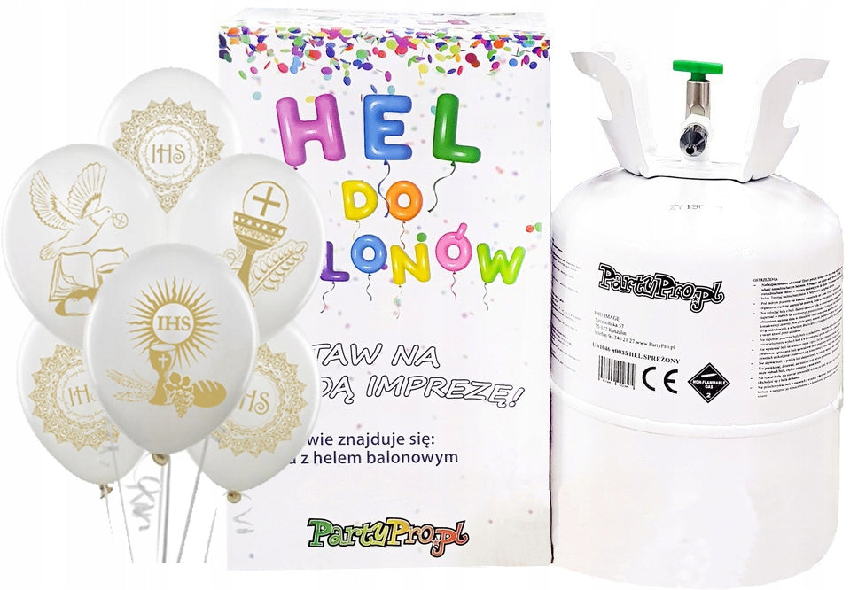 HELIUM BOTTLE + COMMUNION BALLOONS White with Print Holy Communion Set
