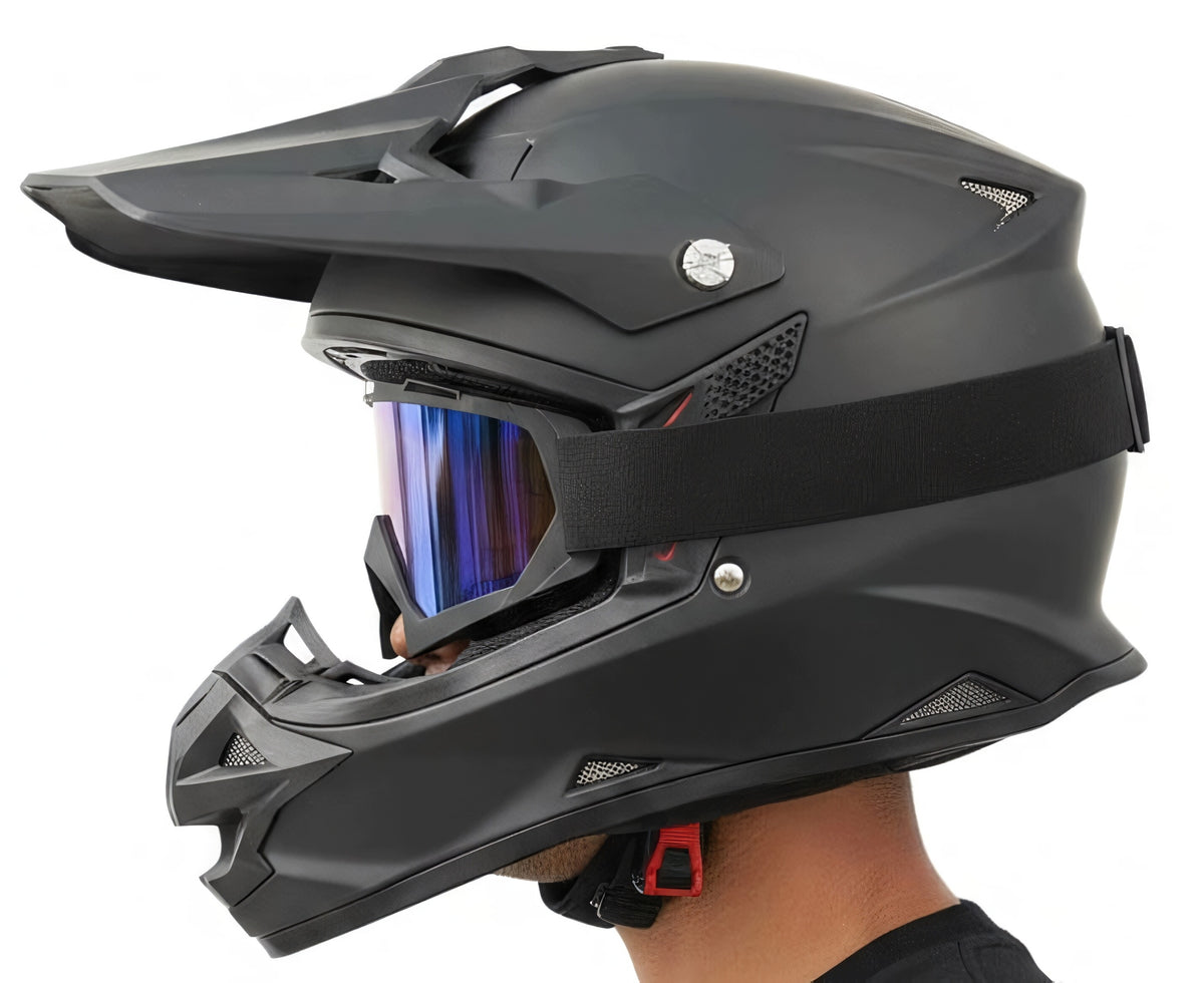 HELMET BLACK MATT + GOGGLES CROSS ENDURO OFF ROAD QUAD APPROVAL L 59-60 cm