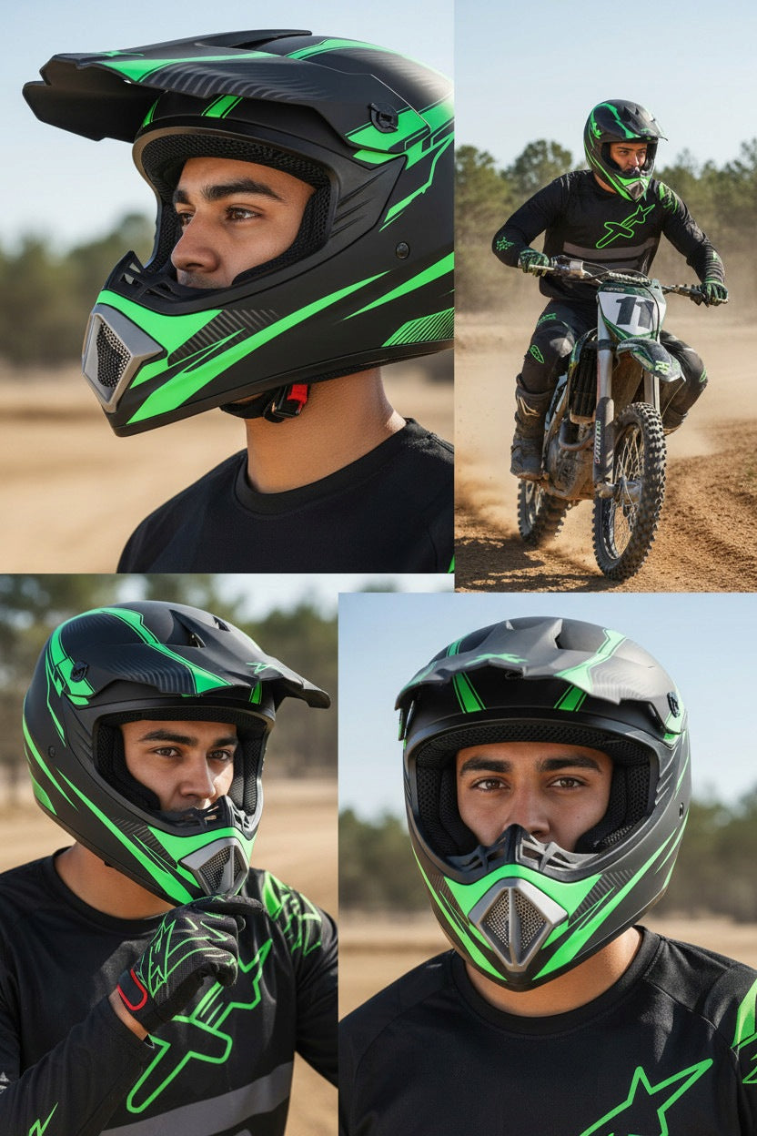 HELMET off road ENDURO CROSS QUAD BIKE SCOOTER BLACK GREEN L 59-60cm Manufacturer's catalog number MCGKA90568