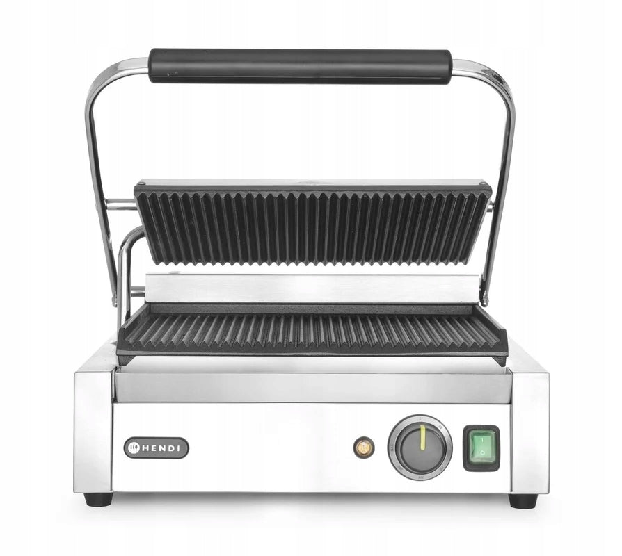 HENDI Single cast iron contact grill, grooved plate, 340 x 230 mm