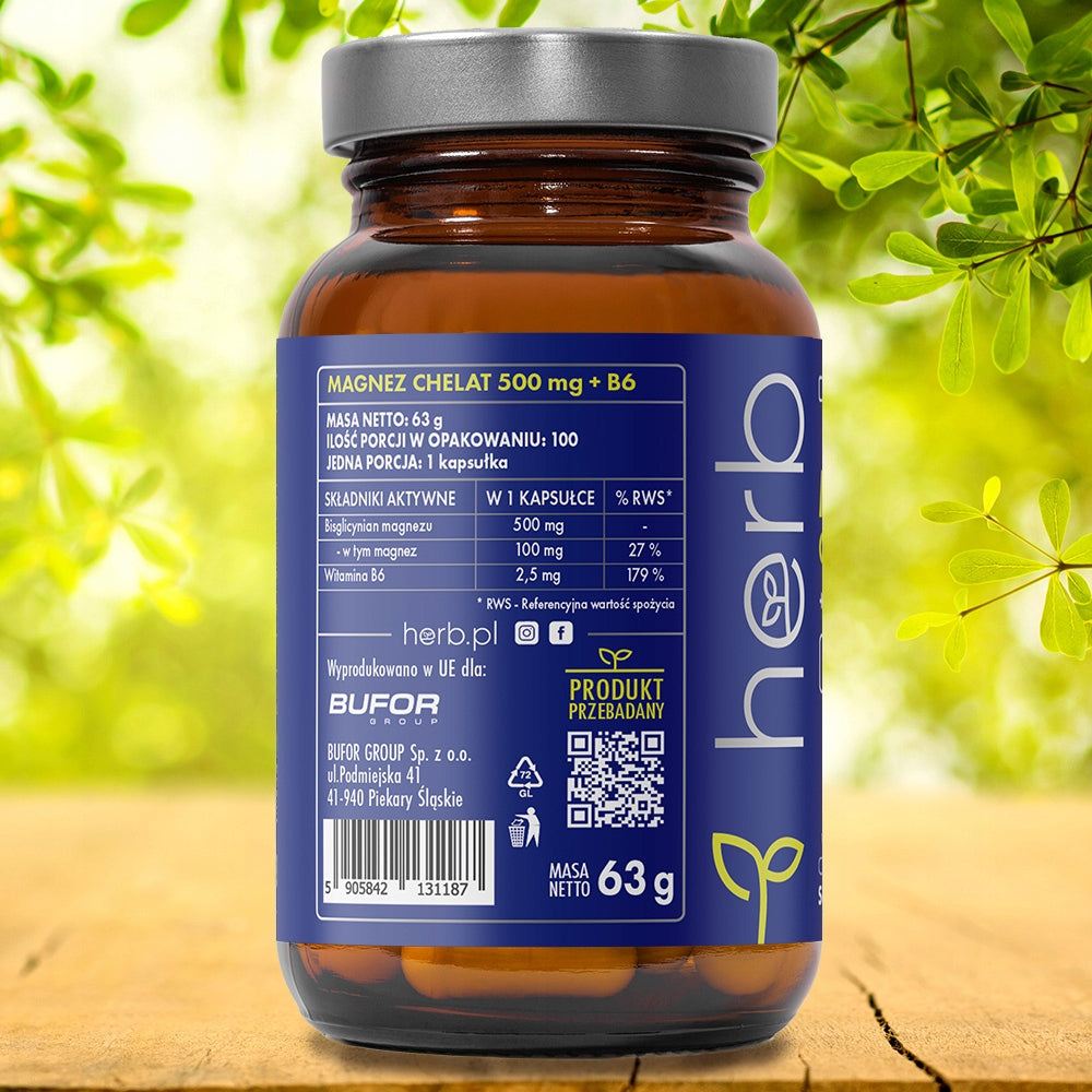 HERB MAGNESIUM CHELATE 500mg GLYCINATE + B6 100 vcaps CRAMPS, MUSCLES Manufacturer code 5905842131187