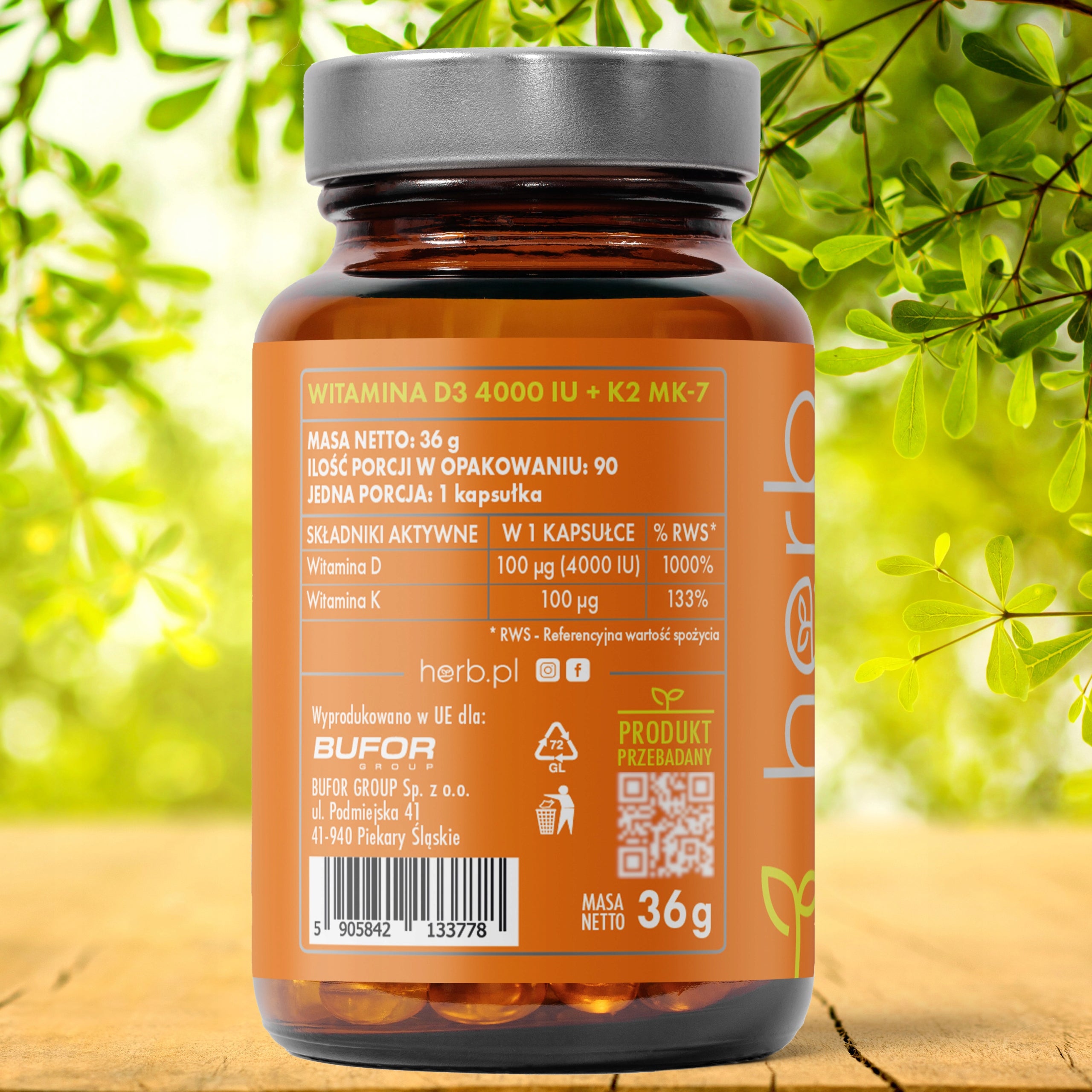 HERB VITAMIN D3 4000 IU + K2 MK-7 90 vege softgel BONE RESISTANCE HEART Packaging status original