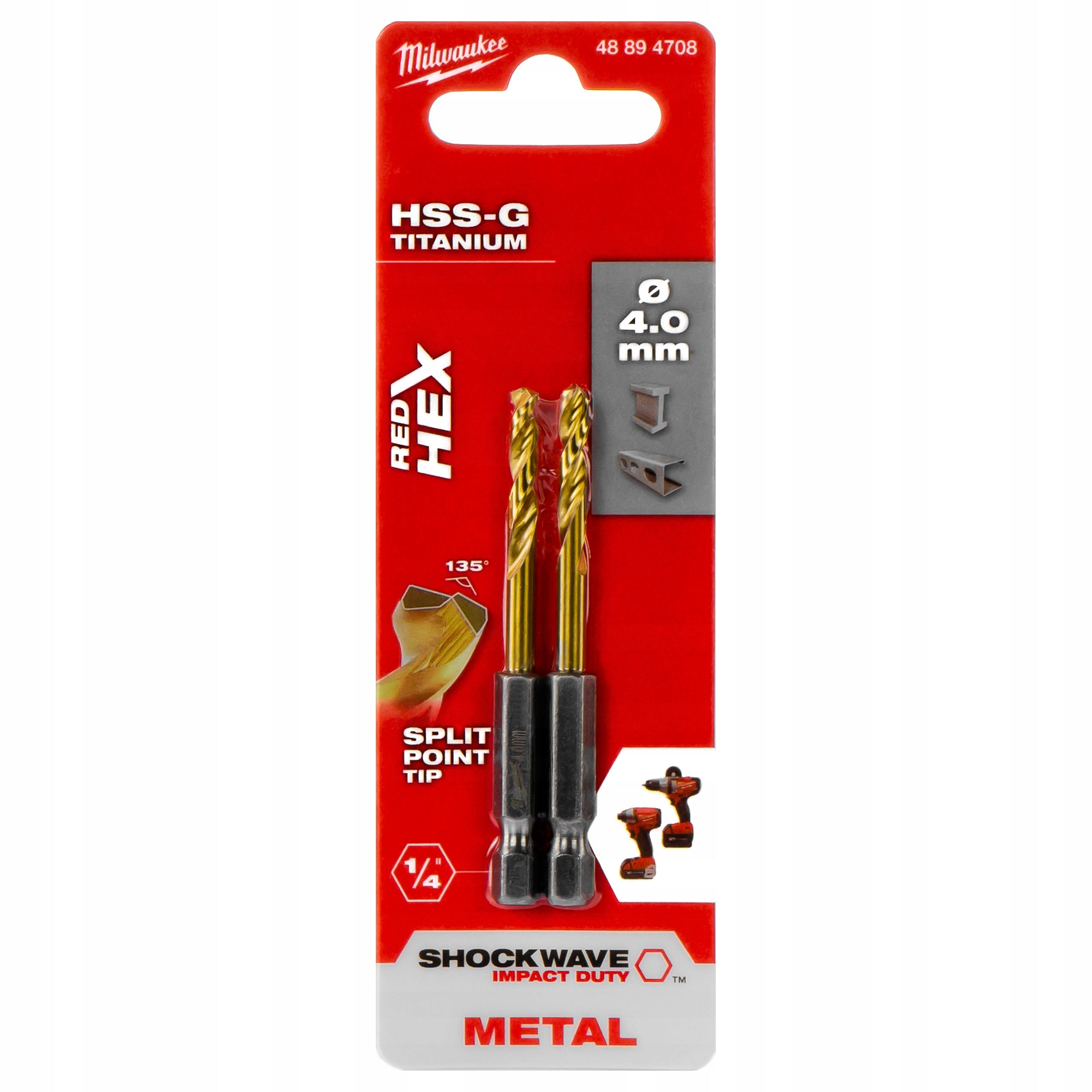 HEX 4 mm Titanium Metal Drill Bits 2 Pack Milwaukee HSS-G Tin Packaging status original
