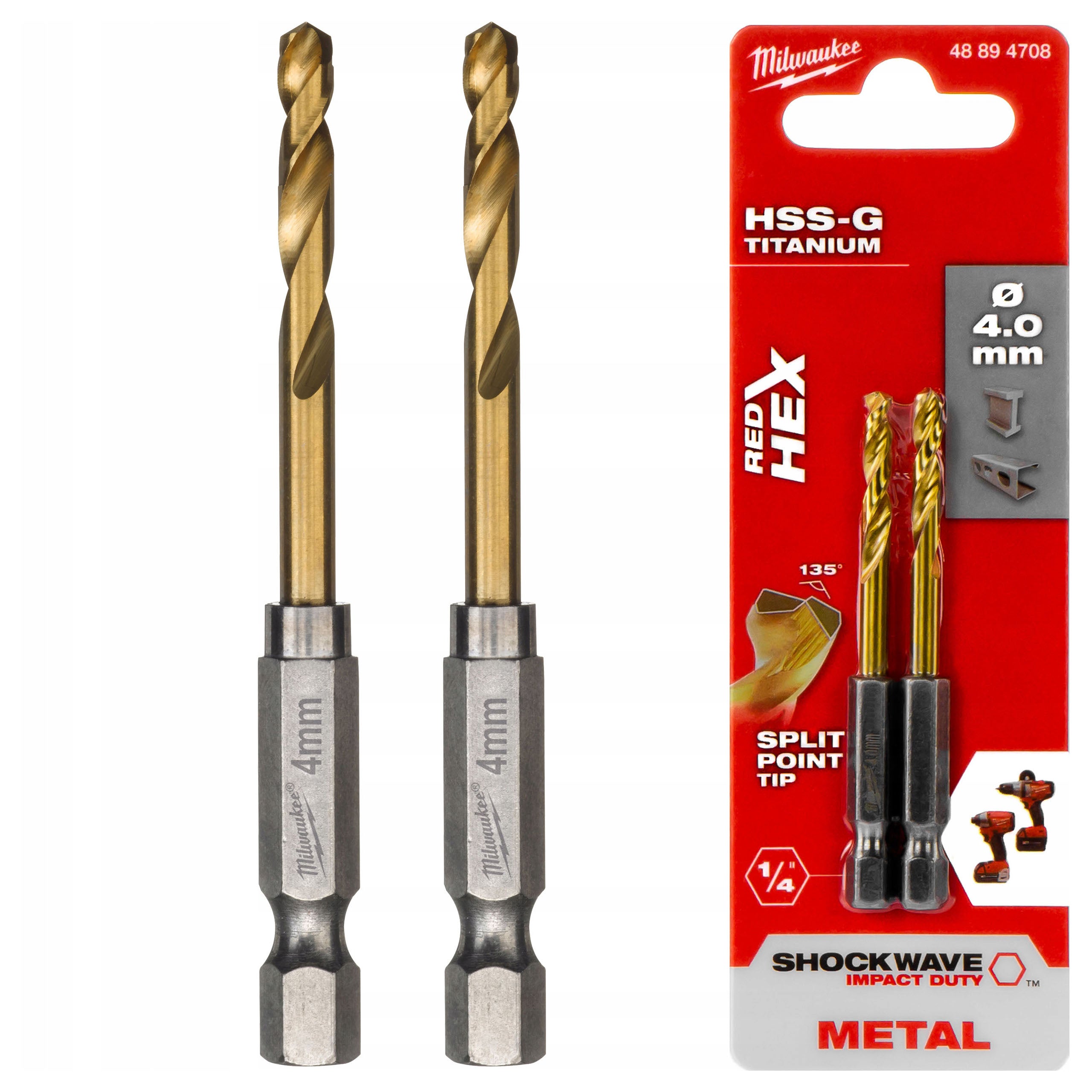 HEX 4 mm Titanium Metal Drill Bits 2 Pack Milwaukee HSS-G Tin