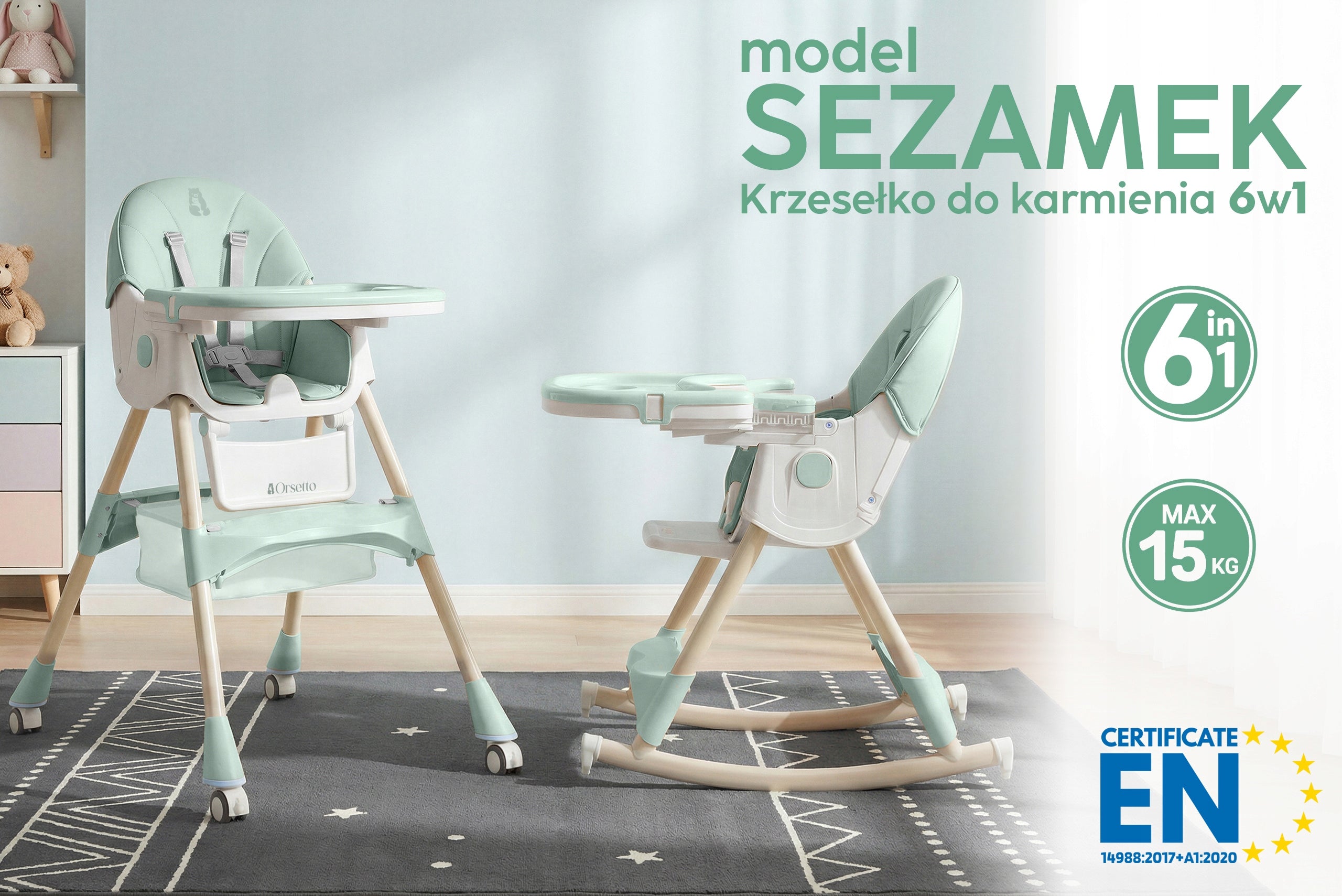 HIGHCHAIR WITH ROCKER FUNCTION FOR CHILDREN 6IN1 FOLDING GREEN Color green