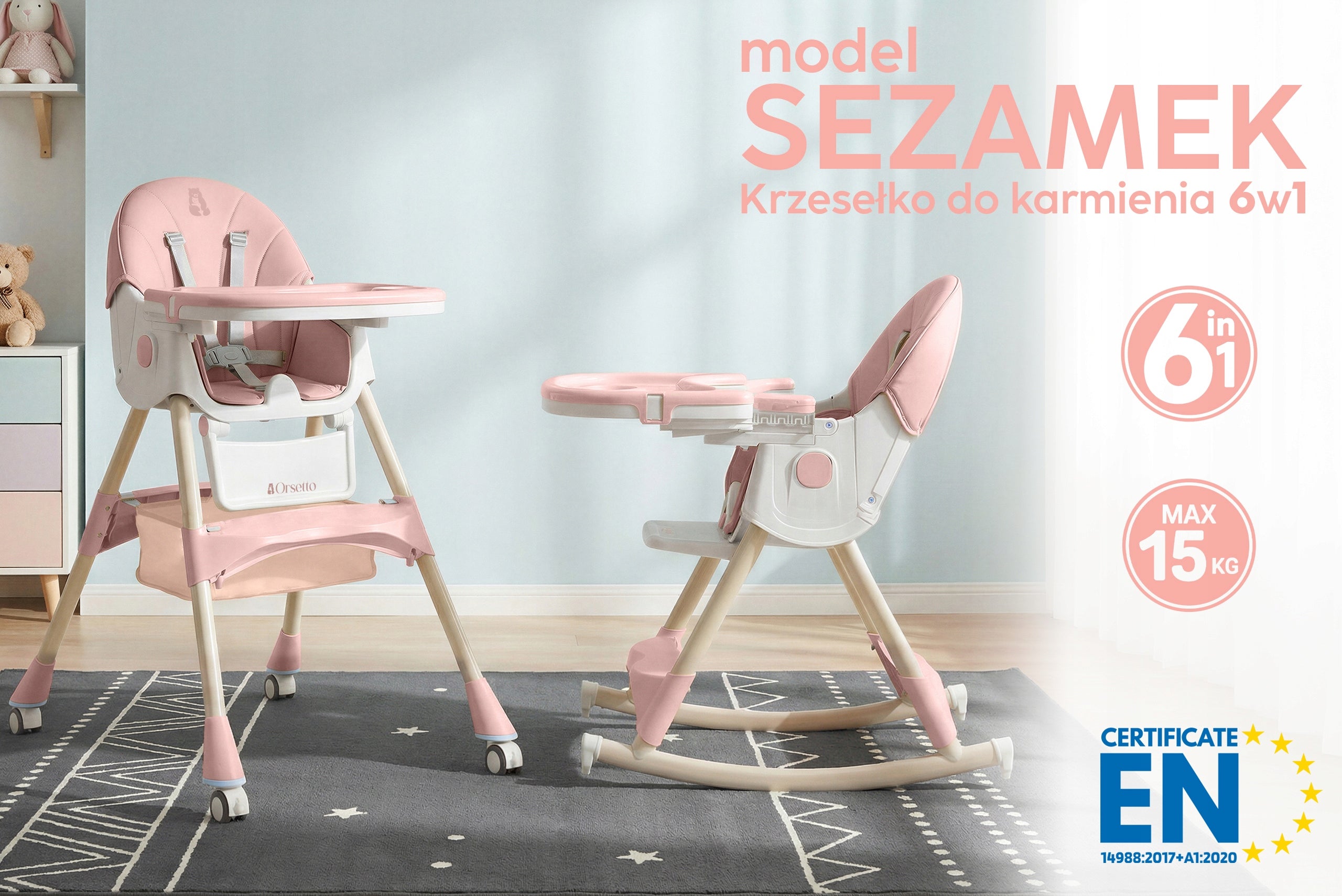 HIGHCHAIR WITH ROCKER FUNCTION FOR CHILDREN 6IN1 FOLDING PINK Color pink