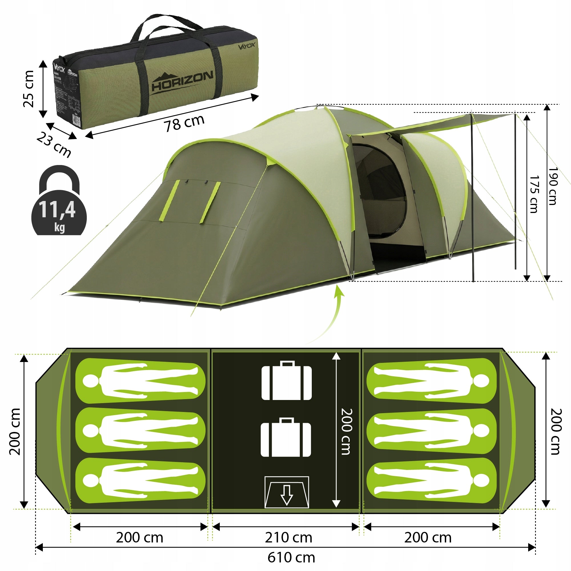 HIKING CAMPING TENT 6 PERSONS WATERPROOF FAMILY BEDROOM VAYOX Waterproofness 4000 mm