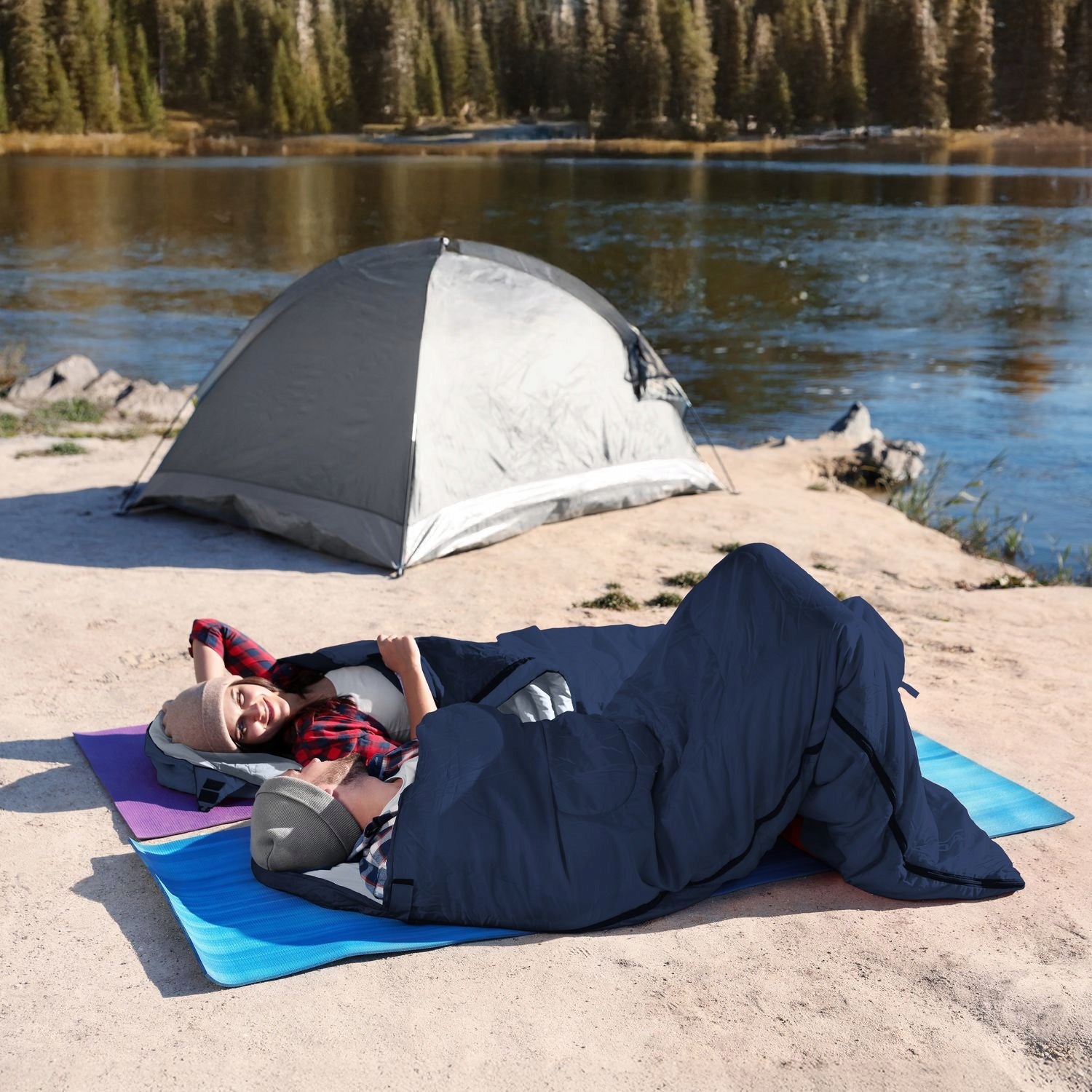 HIKING SLEEPING BAG DUVET WITH HOOD LIGHT THERMOLITE CAMPING 150 OUTTEC Color blue