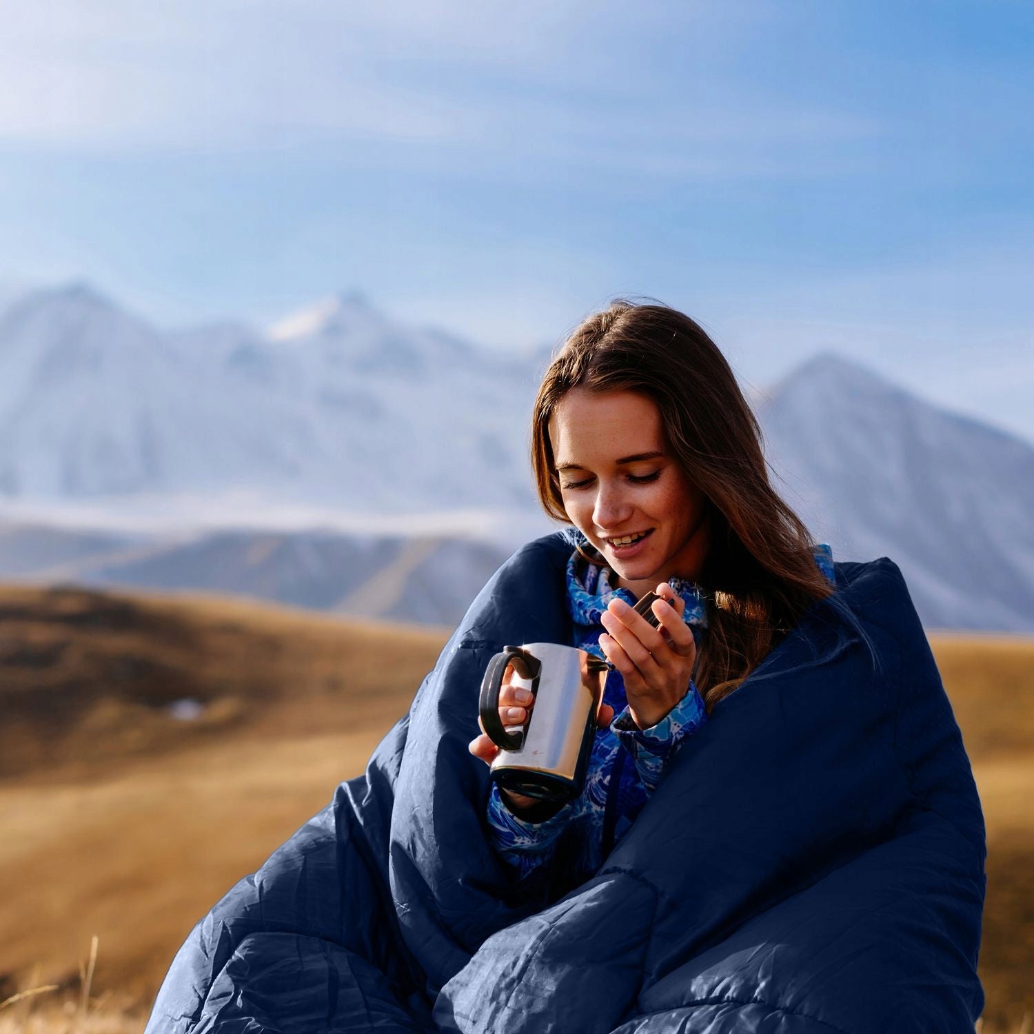 HIKING SLEEPING BAG LIGHT WHEEL WITH HOODED ALL-SEASON OUTTEC Color blue
