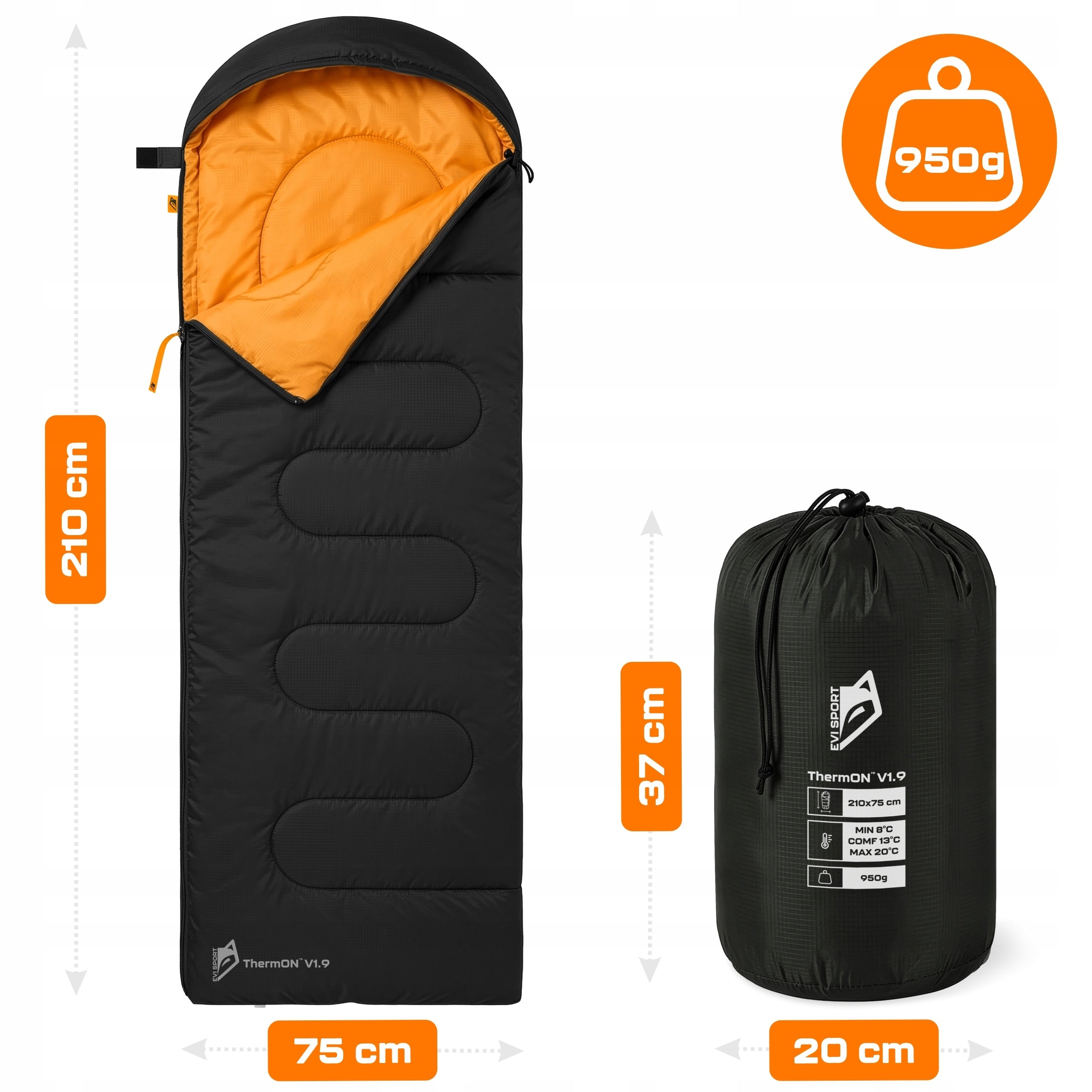 HIKING SLEEPING BAG WITH HOOD WARM DUVET CAMPING UNDER TENT 2in1 210CM Packaging status original