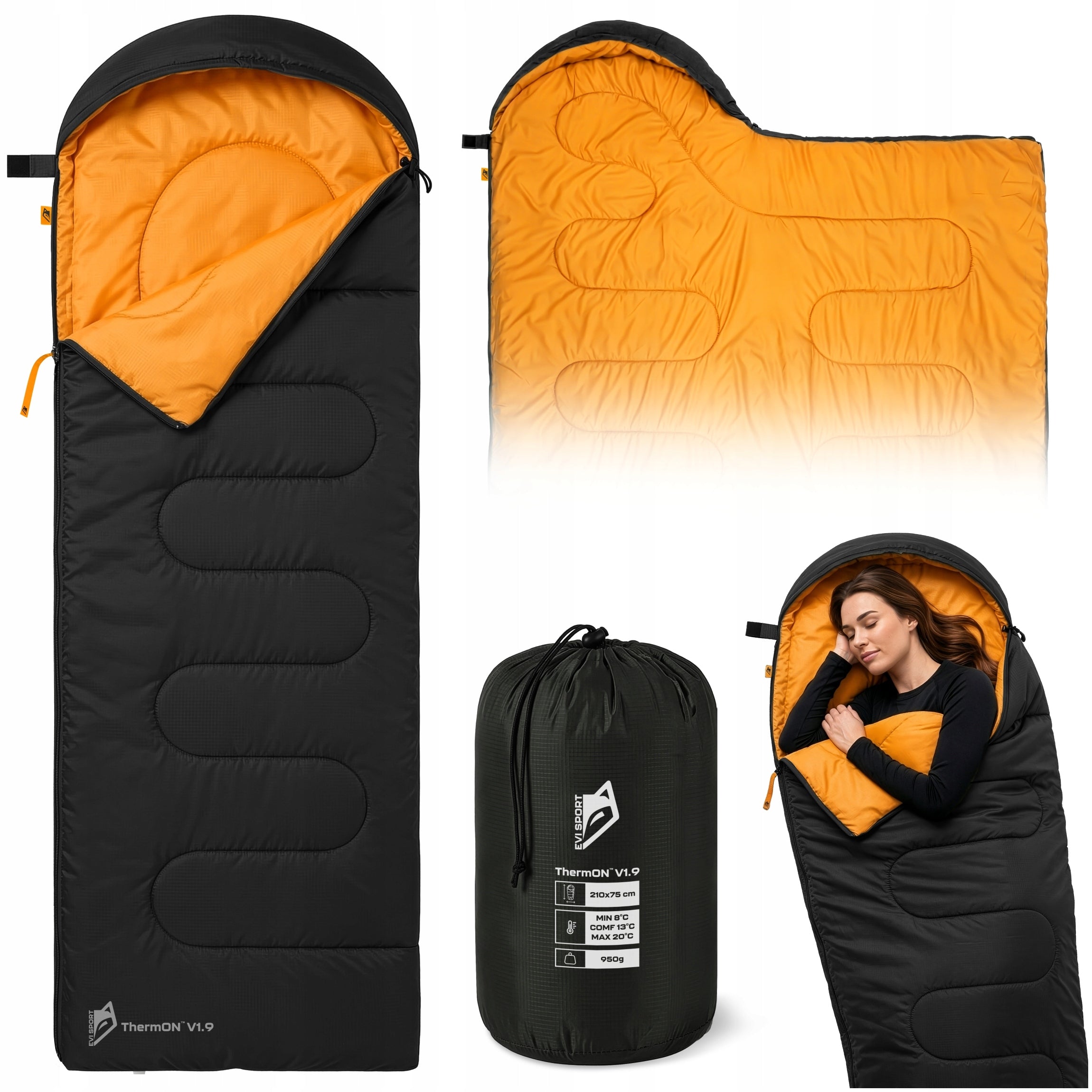 HIKING SLEEPING BAG WITH HOOD WARM DUVET CAMPING UNDER TENT 2in1 210CM