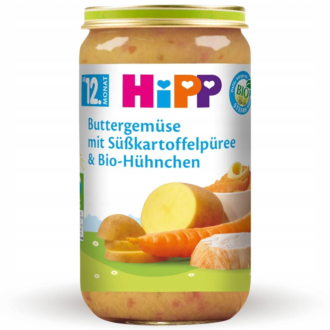HIPP BIO BUTTERY VEGETABLES WITH SWEET POTATOES AND CHICKEN 12m MEAT DINNER