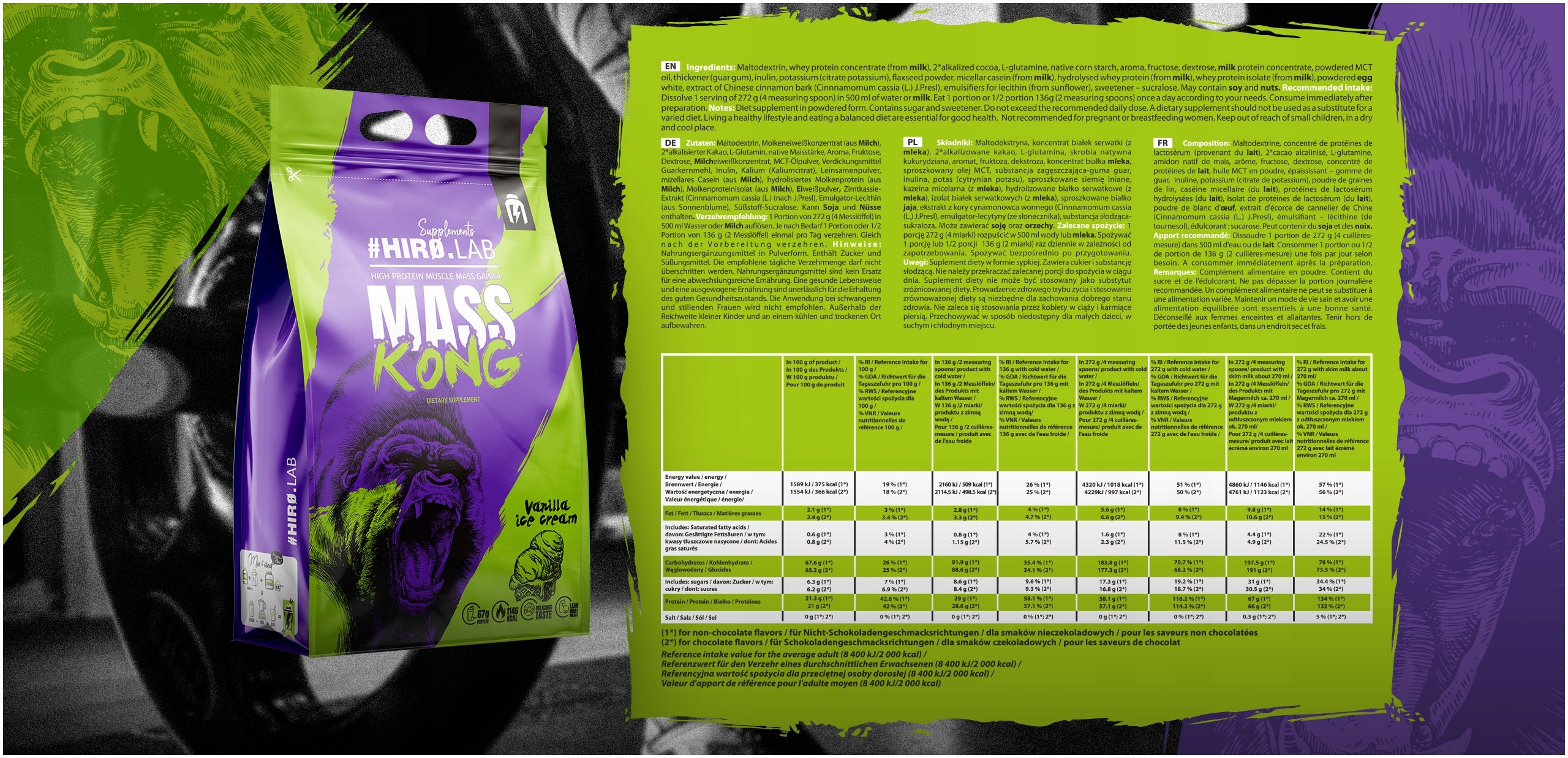 HIRO.LAB Mass Kong gainer for mass vanilla ice cream 3000 g Manufacturer code 1000034149#100
