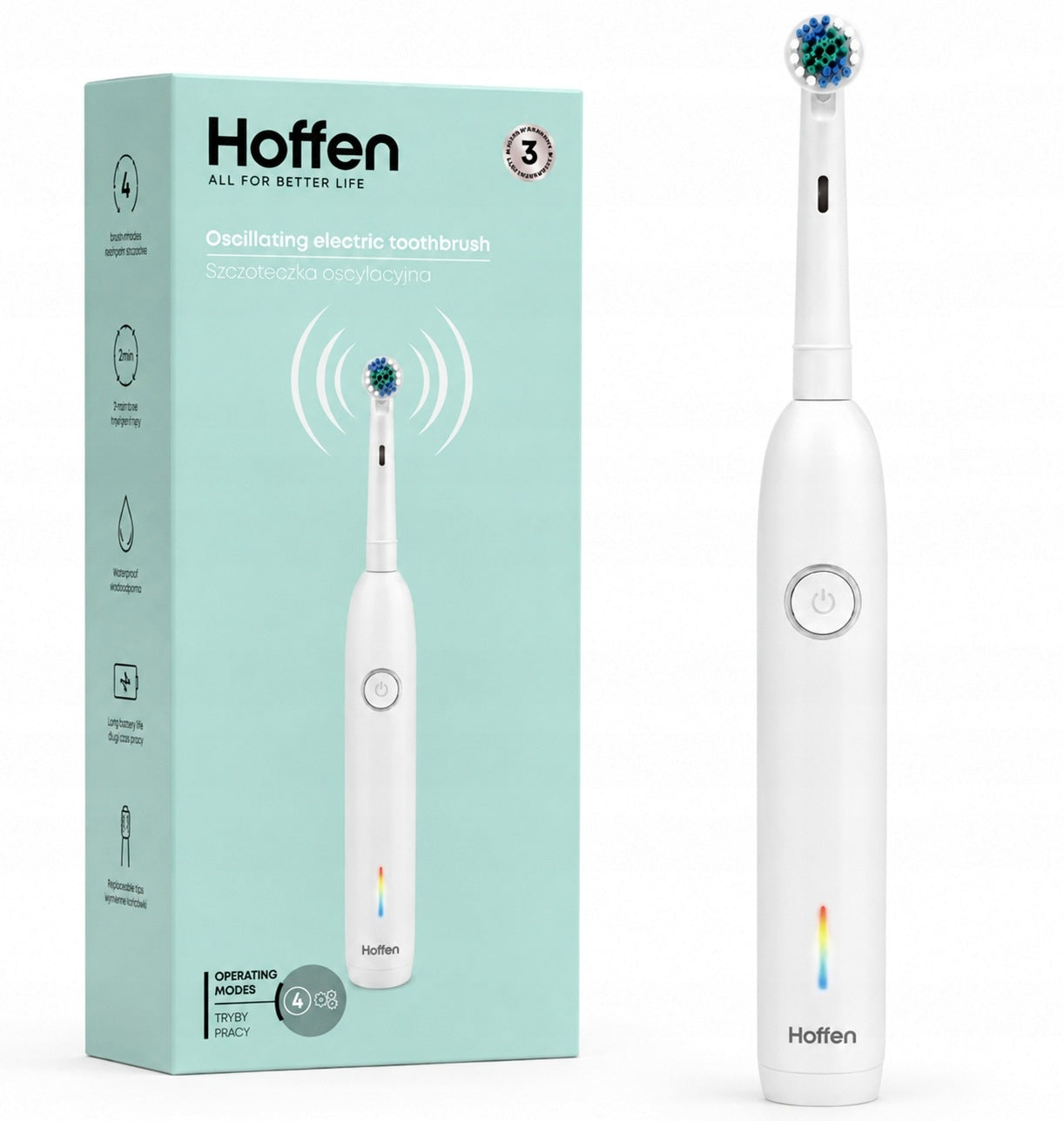 HOFFEN Oscillating toothbrush 3 tips 4 operating modes case White IPX7