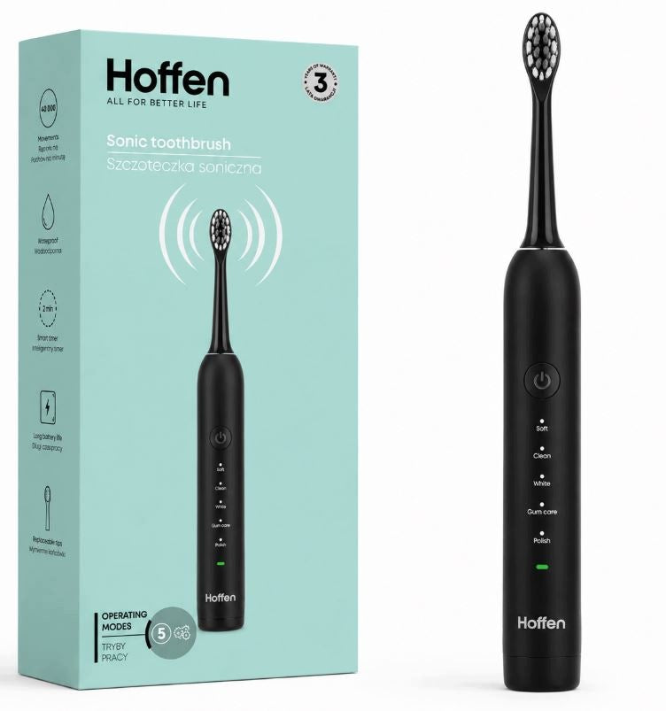 HOFFEN Sonic toothbrush 3 tips 5 operating modes case Black IPX7
