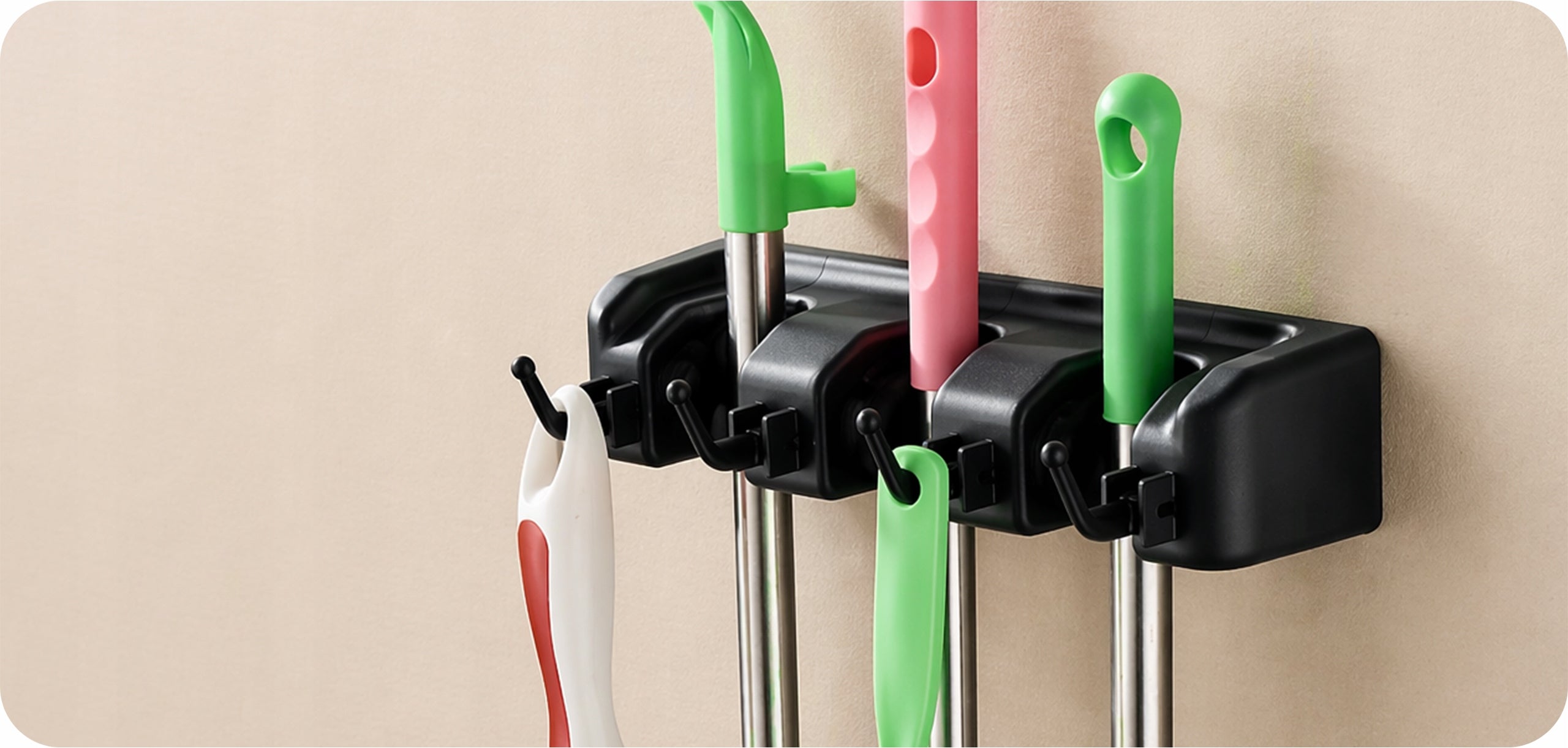 HOLDER BROOM HANGER MOPS MOP RAKE WALL TOOLS 3 PLACES HOOK Packaging status original