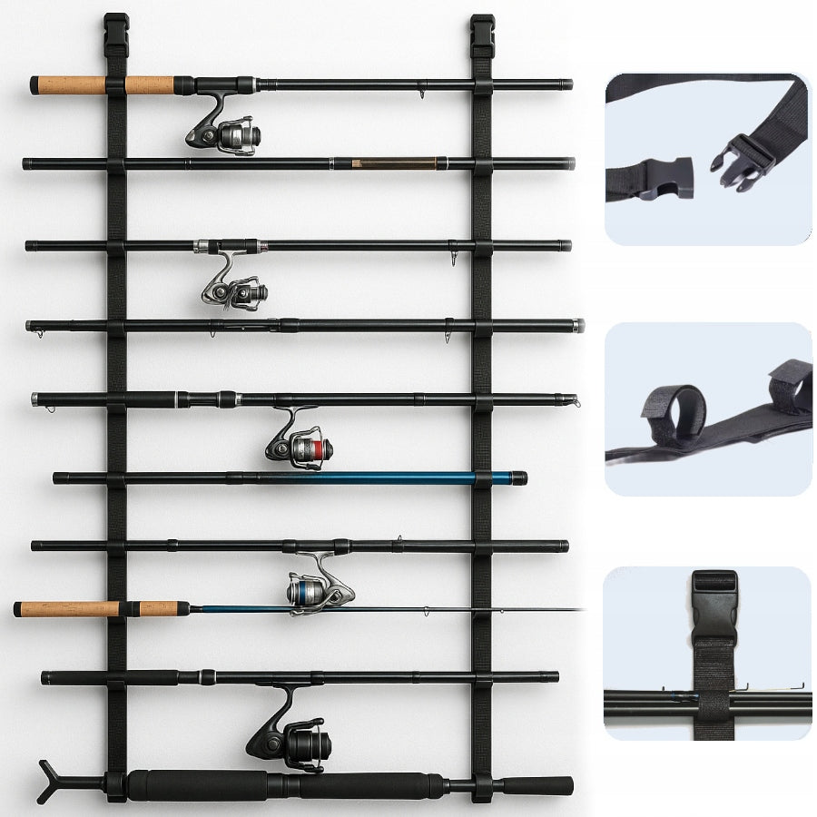 HOLDER WALL STAND 10 RODS ROD STRAPS BEST BAITS HANGER
