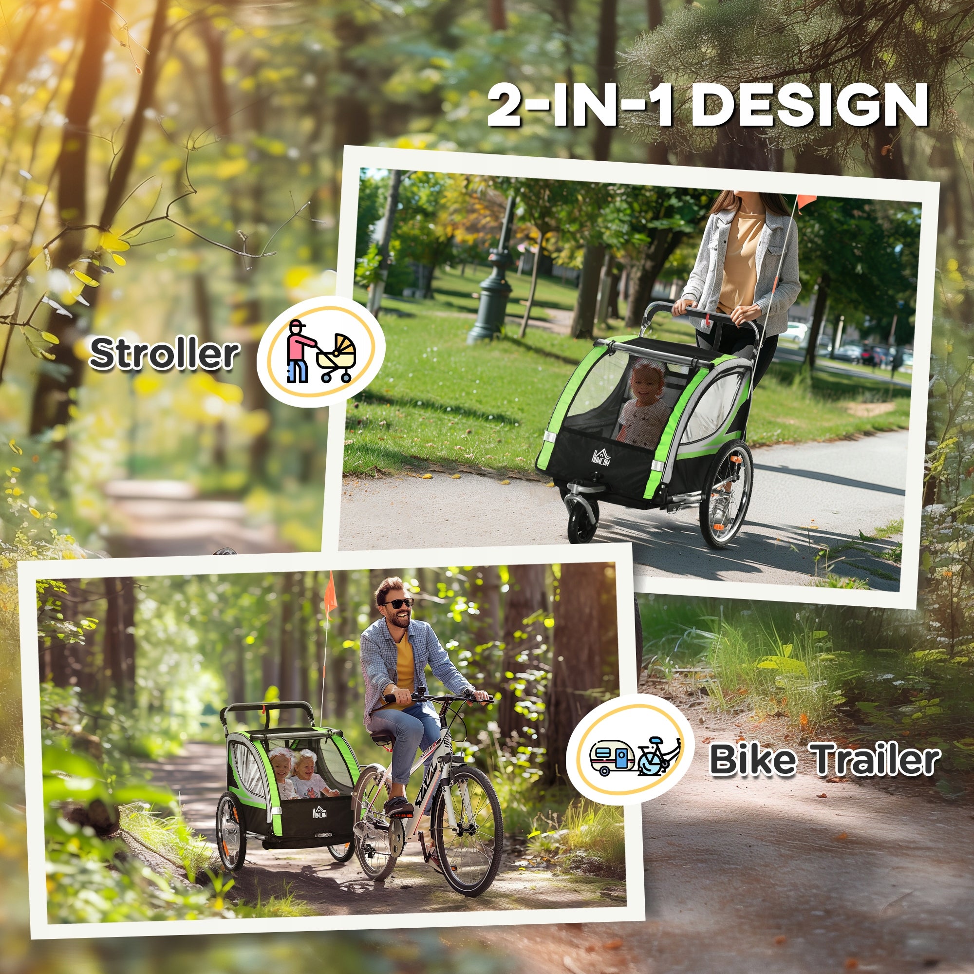 HOMCOM 2 in 1 Children's bicycle trailer, 142 x 75 x 101 cm, green Brand Homcom