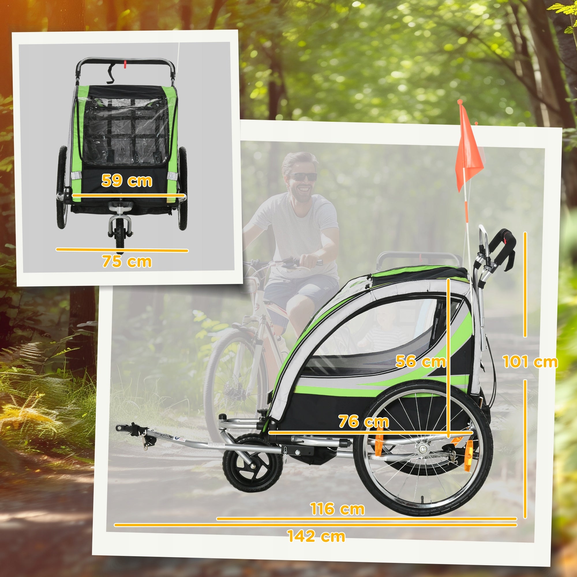 HOMCOM 2 in 1 Children's bicycle trailer, 142 x 75 x 101 cm, green Model 440-026GN