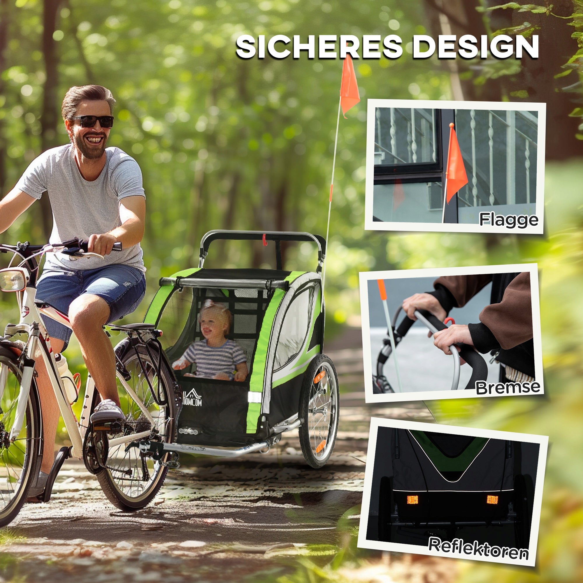 HOMCOM 2 in 1 Children's bicycle trailer, 142 x 75 x 101 cm, green Number of seats 2