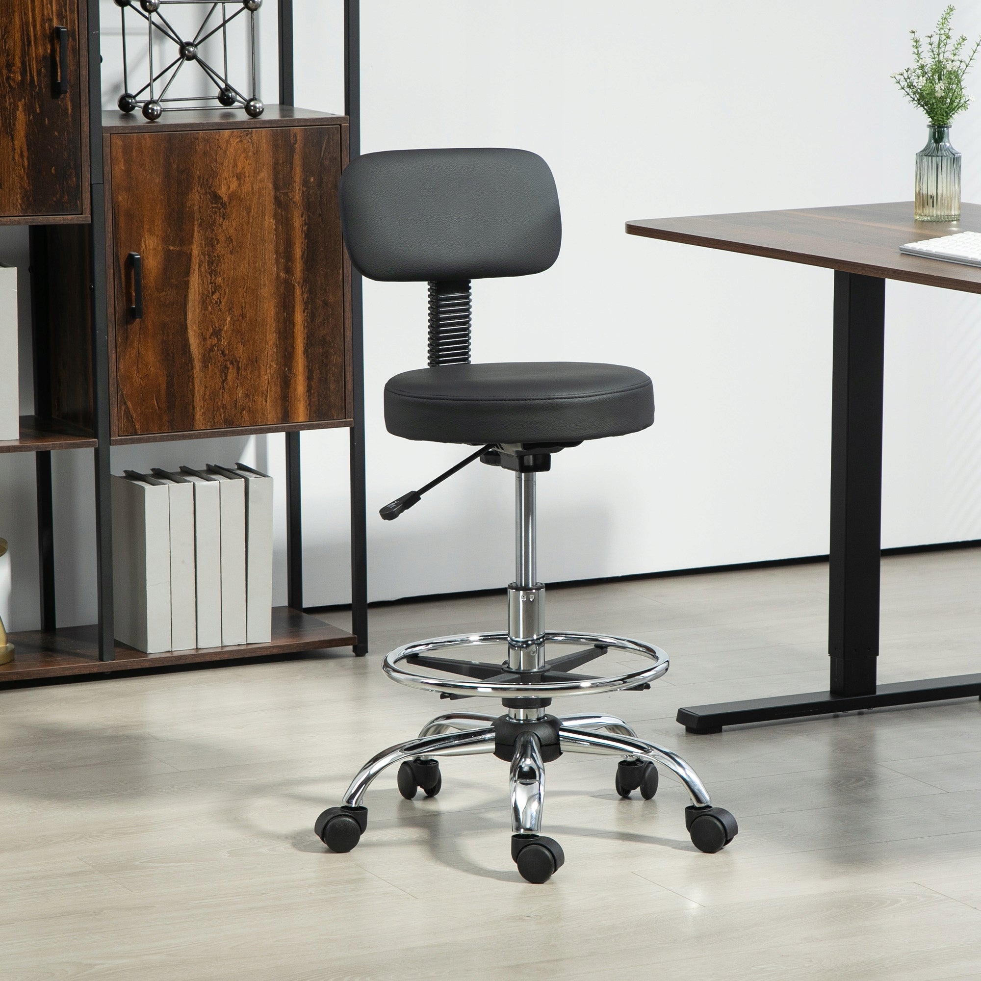 HOMCOM Adjustable Eco-Leather Stool, Swivel Cabinet Chair, Black Packaging status original