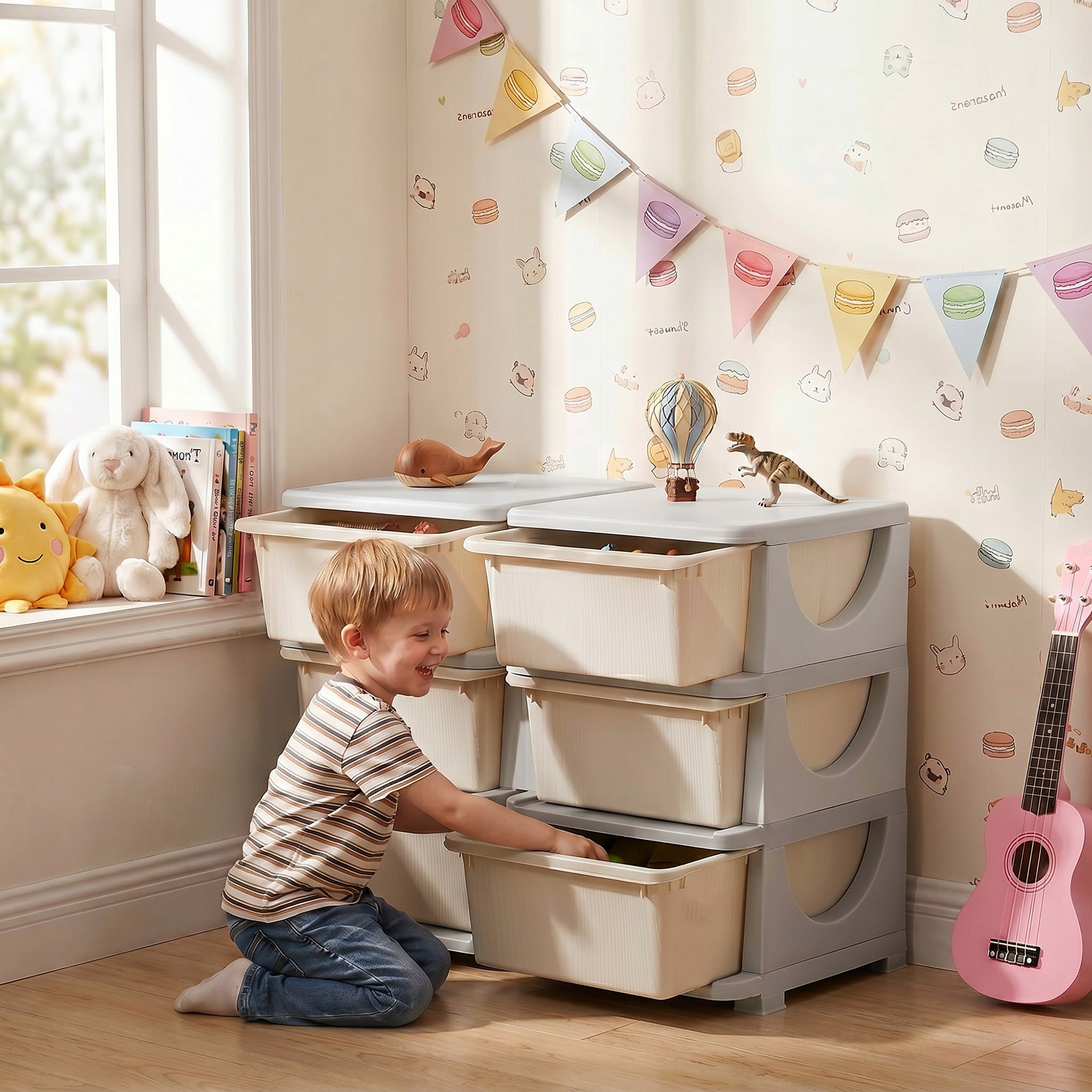 HOMCOM Kids Toy Organizer with 6 Drawers, 3-Tier, Cream Packaging status original