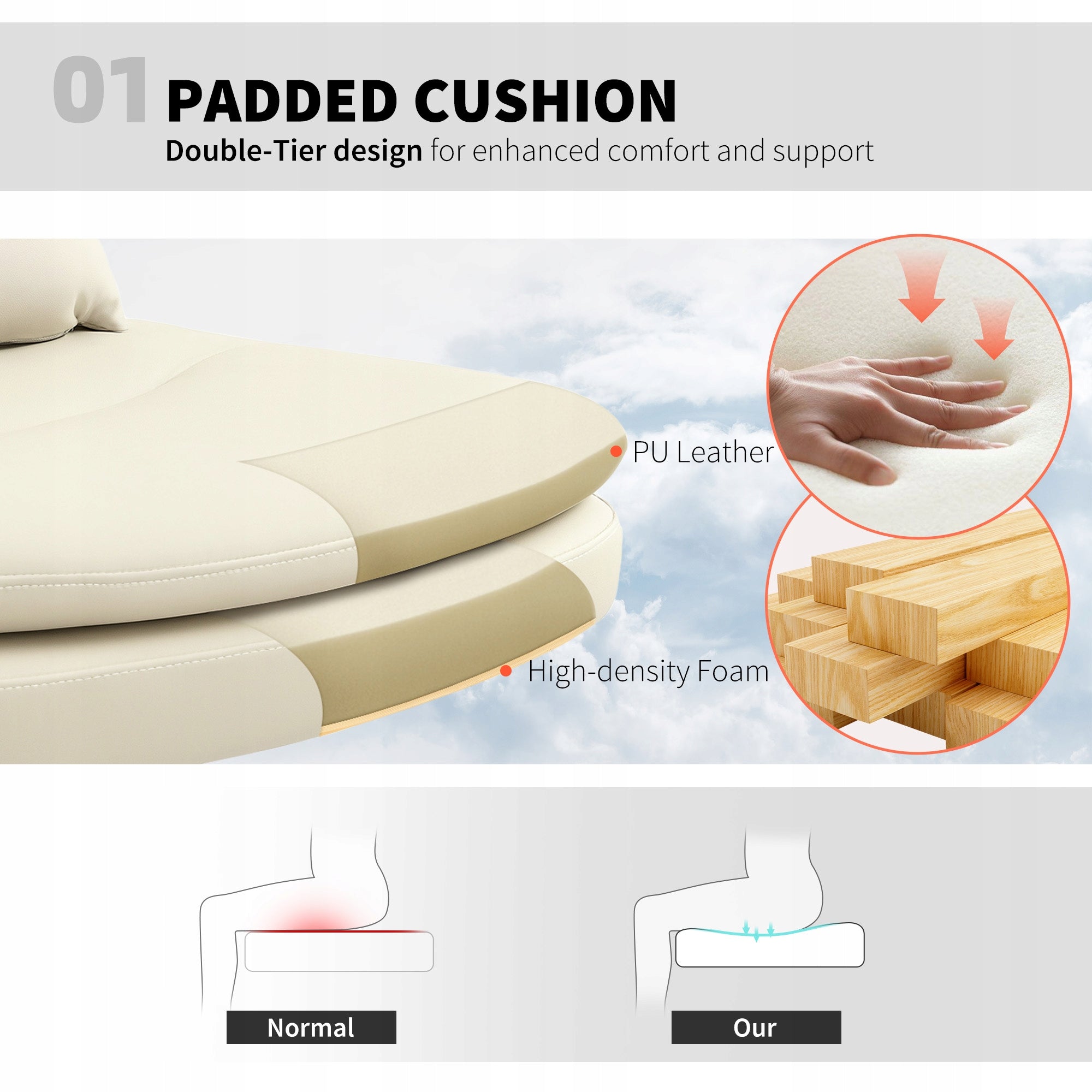 HOMCOM Office chair without armrests with cushion, leather, beige Furniture depth 67 cm