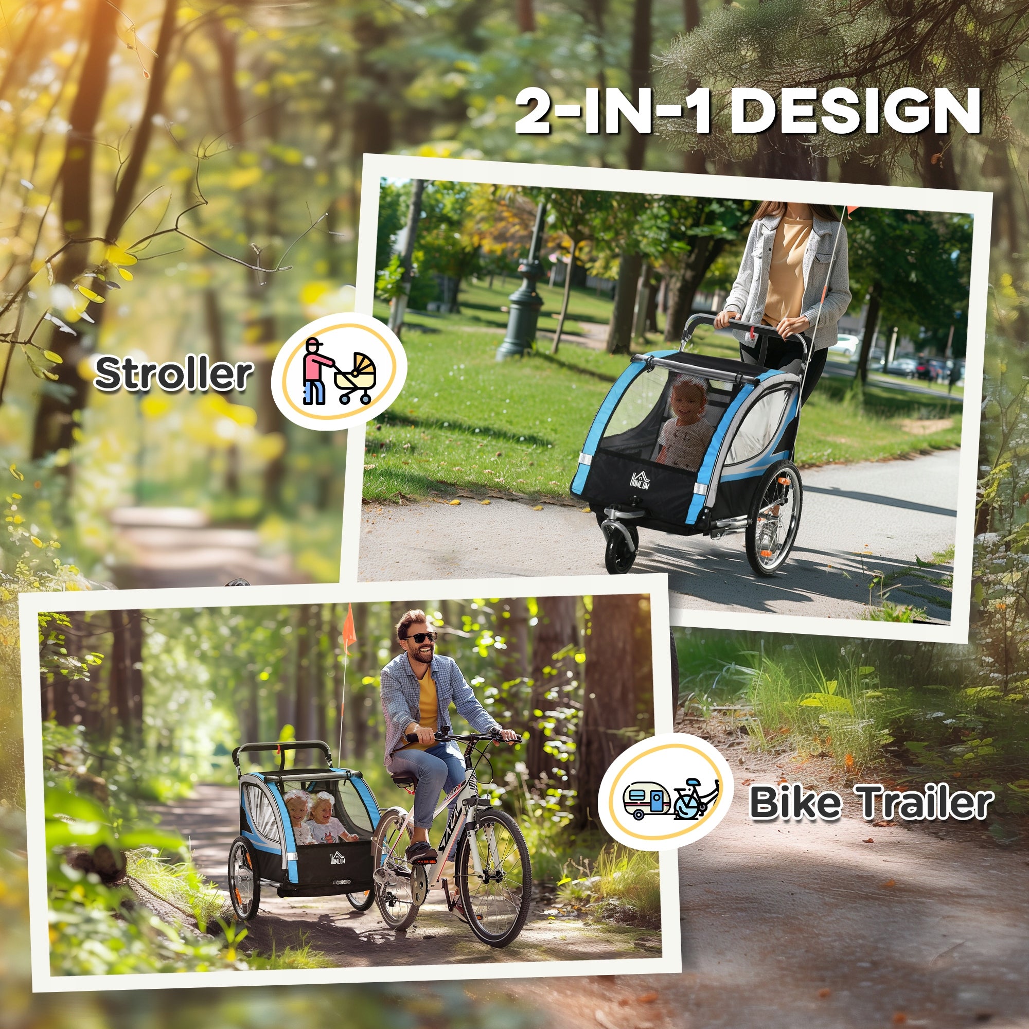 HOMCOM children's trailer, stroller, steel, blue, 142 x 75 x 101 cm Maximum load 36 kg