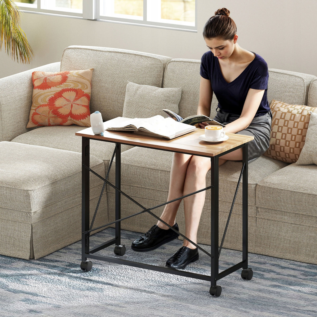 HOMCOM folding computer desk on wheels, natural shade, 80x40x75cm Furniture color oak
