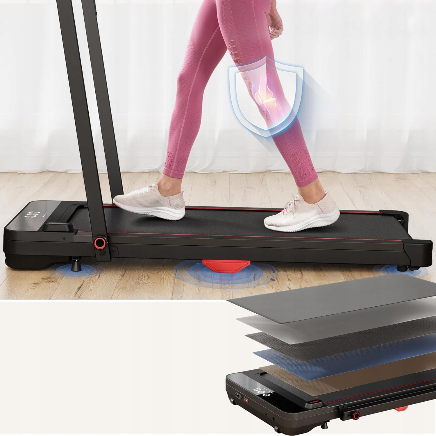 HOME ELECTRIC TREADMILL 2in1 FOLDING FLAT 12 KM/H WITH SHOCK ABSORPTION Additional features Bluetooth keyboard shortcuts safety key transport wheels place for mobile phone/tablet foldable touch sensors mobile device compatibility display