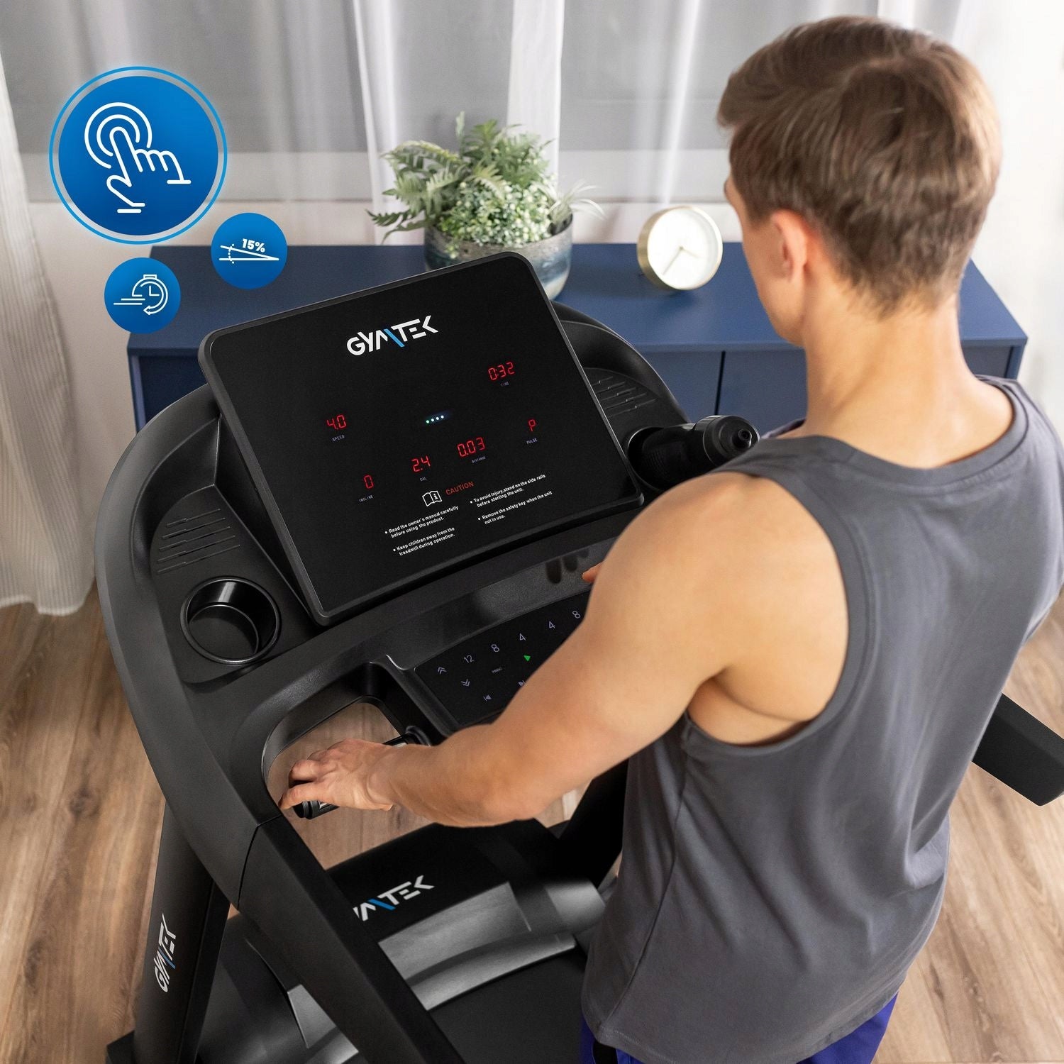 HOME ELECTRIC TREADMILL FOLDING MAGNETIC RUNNING XT900 GYMTEK Additional features Bluetooth speakers keyboard shortcuts safety key transport wheels place for water bottle place for mobile phone/tablet foldable training programs tilt angle adjustment touch sensors headphone jack USB port mobile device compatibility display