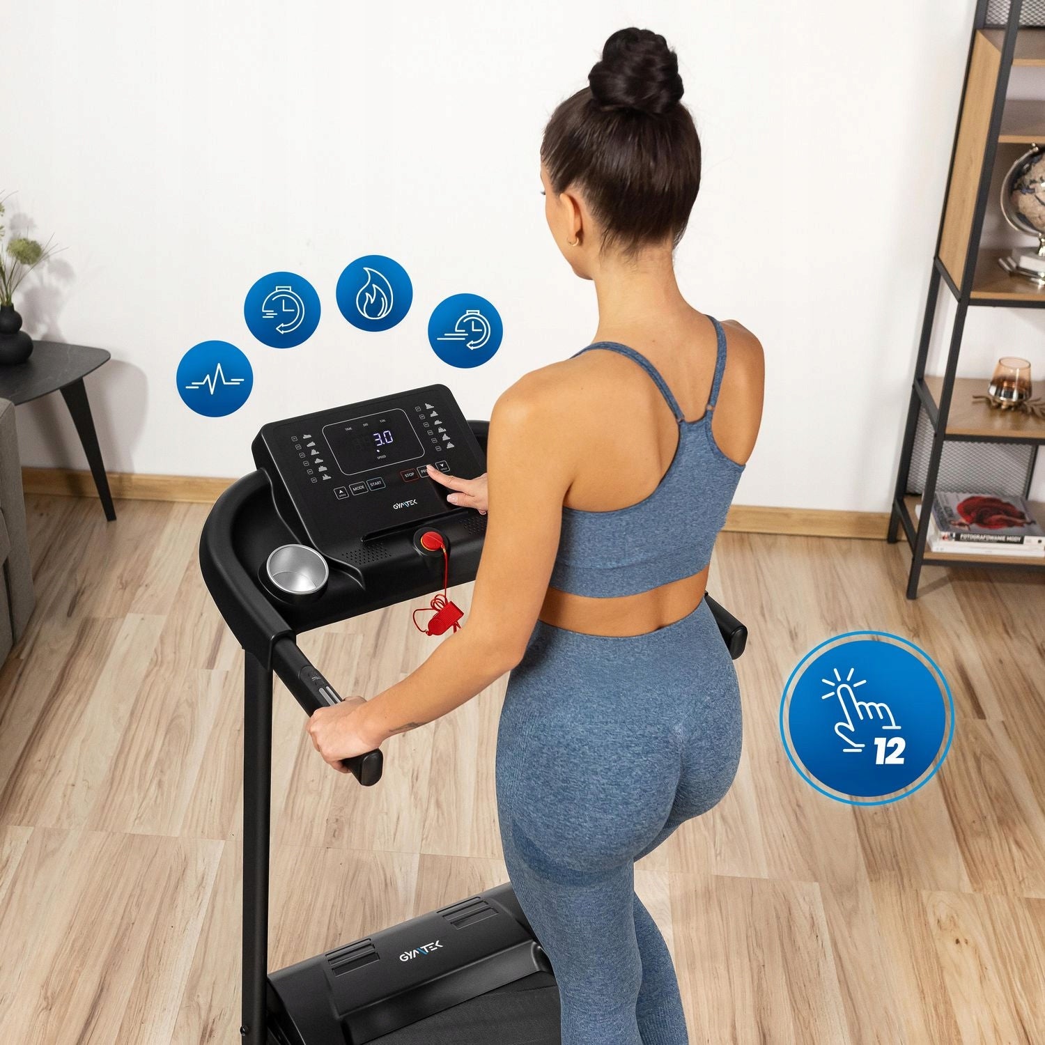HOME ELECTRIC TREADMILL FOLDING TILT ADJUSTMENT XT550 GYMTEK Additional features speakers keyboard shortcuts safety key transport wheels place for mobile phone/tablet foldable training programs tilt angle adjustment touch sensors display