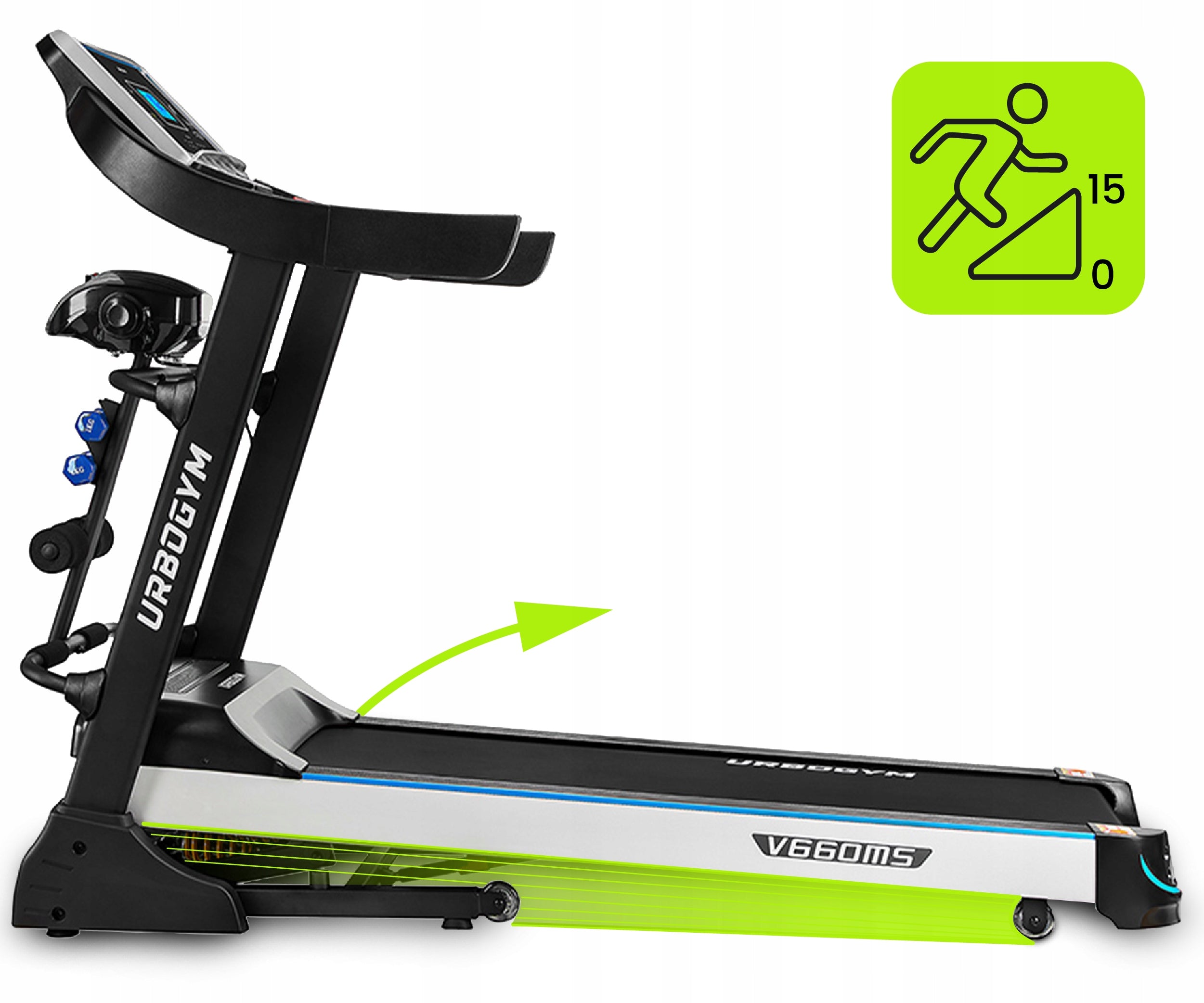 HOME ELECTRIC TREADMILL V660MS AUTO ANGLE 15 LEVELS DUMBBELL MASSAGER Measurements training duration distance speed pulse burned calories