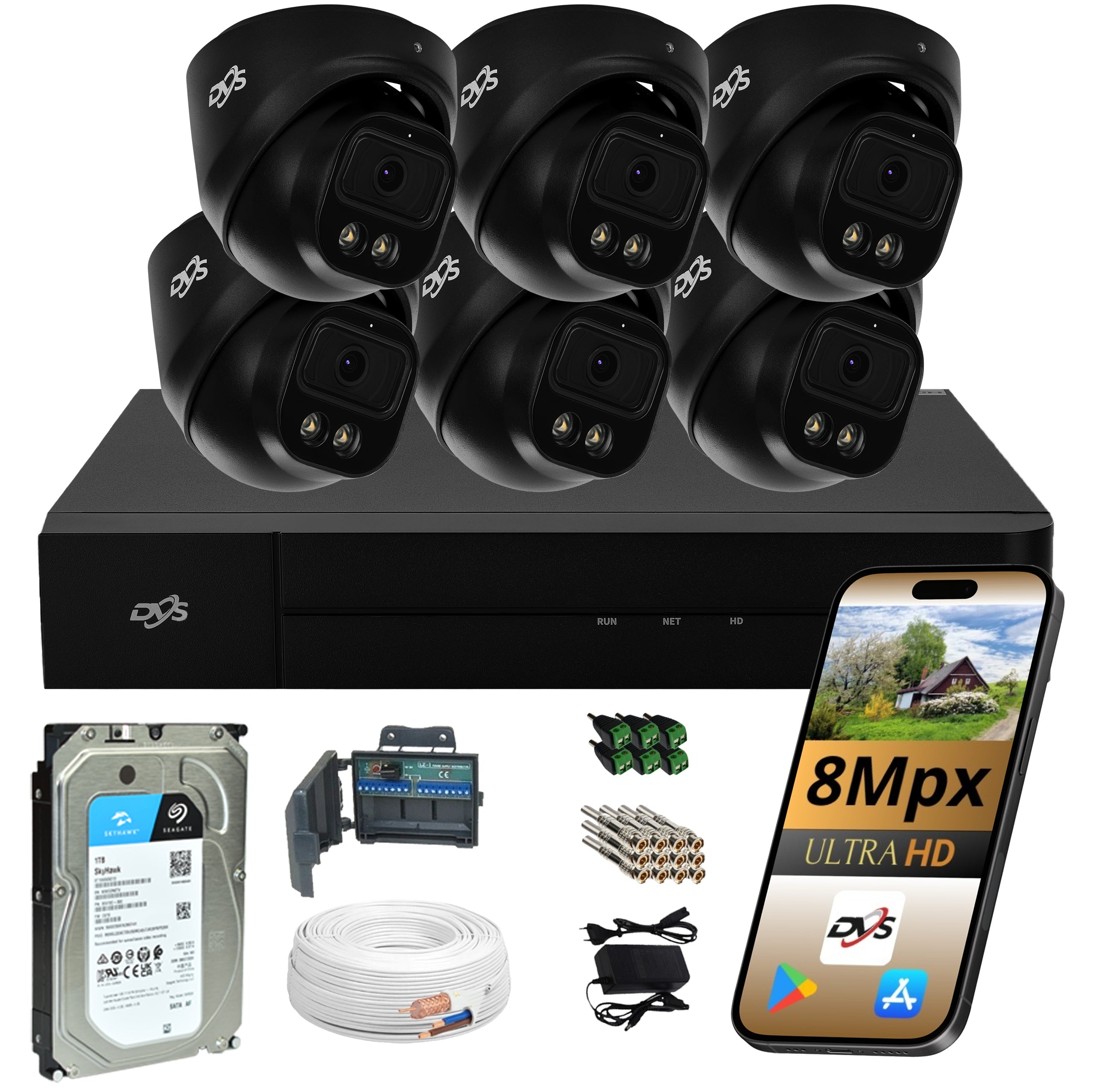 HOME MONITORING SET OF 6 ANALOG CAMERAS 8Mpx 4K DVS LED/IR 1TB AHD/TVI