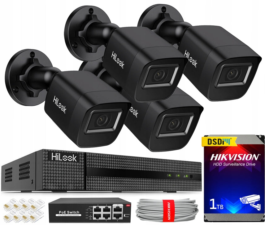 HOME SURVEILLANCE KIT 4 IP CAMERAS IPC-B141H-C BLACK 4MPx PoE APP