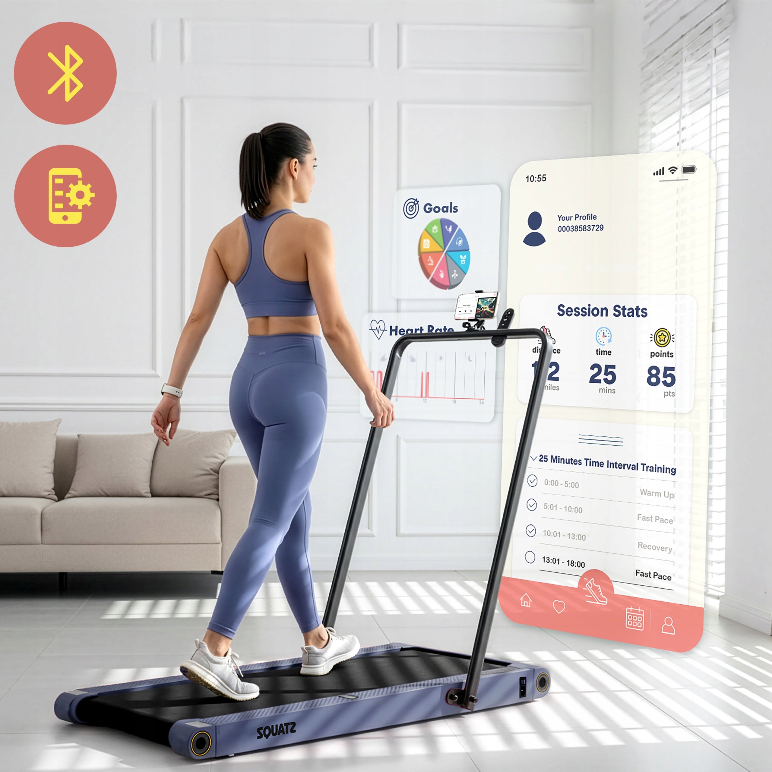 HOME TREADMILL ELECTRIC FOLDING VIBRATION FUNCTION WALKING PAD NAVY BLUE Measurements training duration distance number of steps speed burned calories