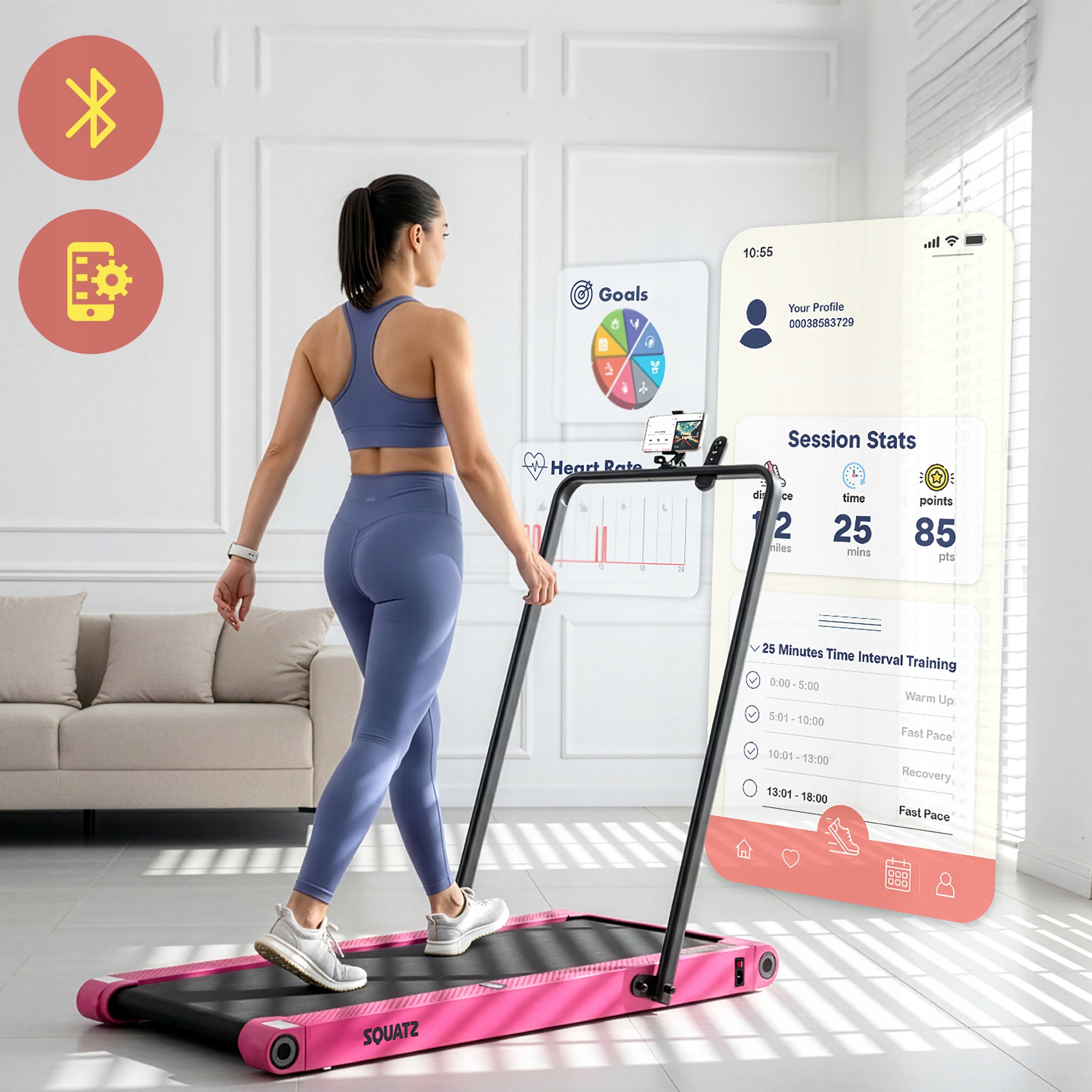 HOME TREADMILL ELECTRIC FOLDING VIBRATION FUNCTION WALKING PAD PINK Measurements training duration distance number of steps speed burned calories