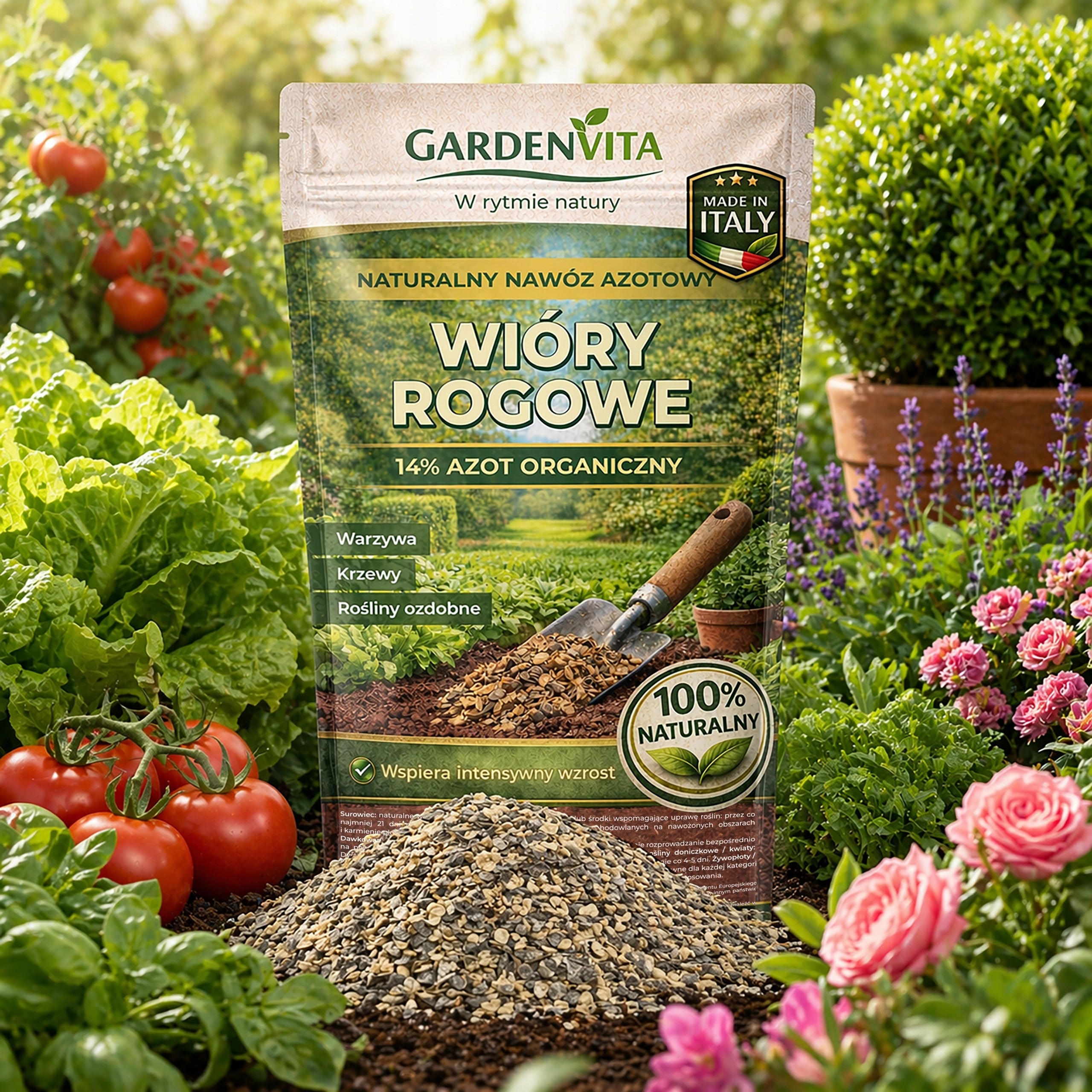 HORN CHIPS NITROGEN FERTILIZER ORGANIC HORN MEAL PREMIUM GARDENVITA 1kg Manufacturer code Wióry Rogowe Mączka Rogowa GARDENVITA 1kg