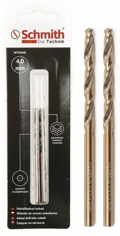 HSS Cobalt Steel Metal Drill Bit 4 mm 2 Pack Schmith