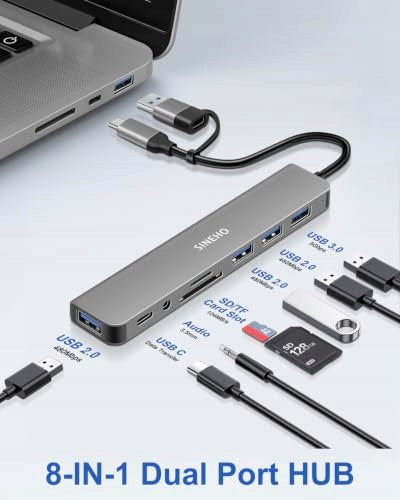HUB USB 8IN1 WITH SD CARD READER DUAL C/A AUDIO 3 5MM for home gift Manufacturer code SWC5908151122150