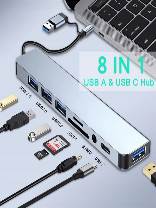 HUB USB-C 8in1 Adapter 4x USB Memory Card Reader SD microSD USB-C PD Jack Packaging status original