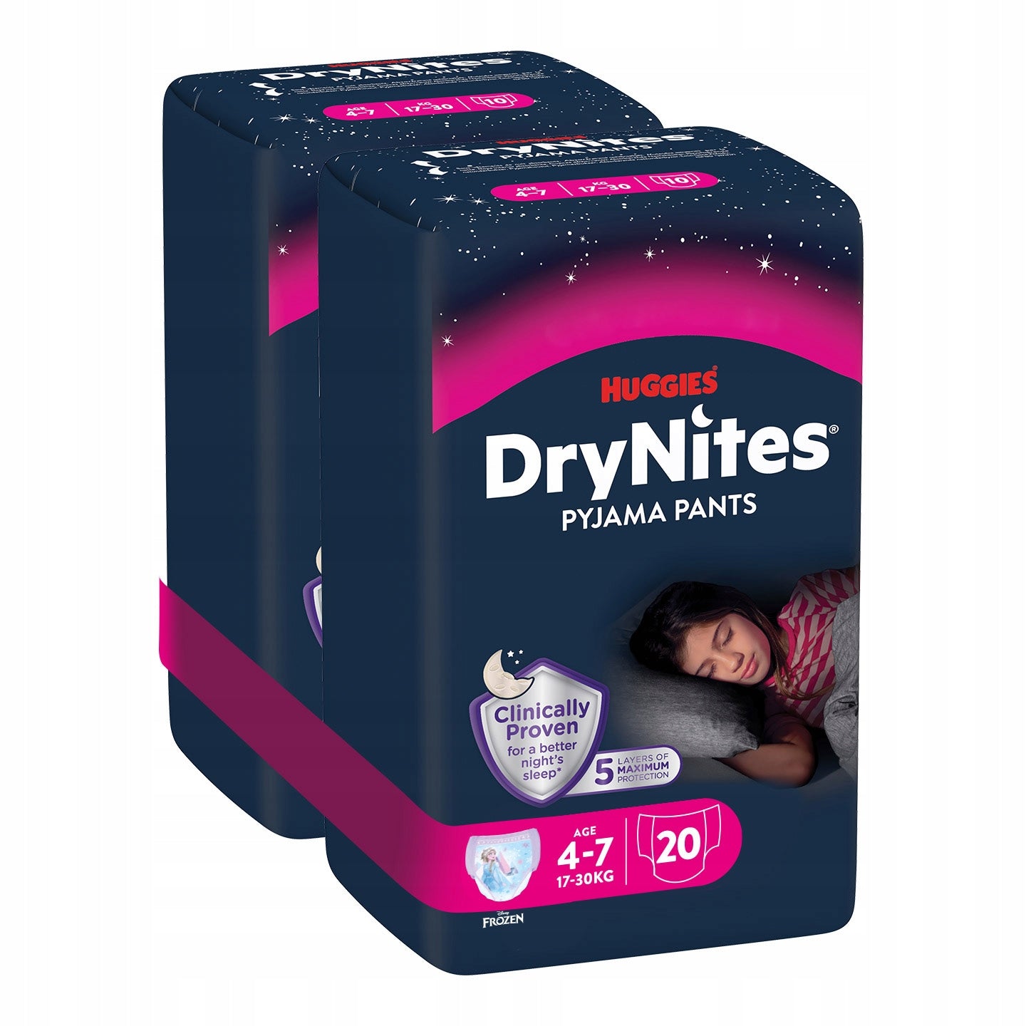 HUGGIES DryNites Pyjama Pants for Girls, 4-7 years (17-30kg), 2 packs of 10