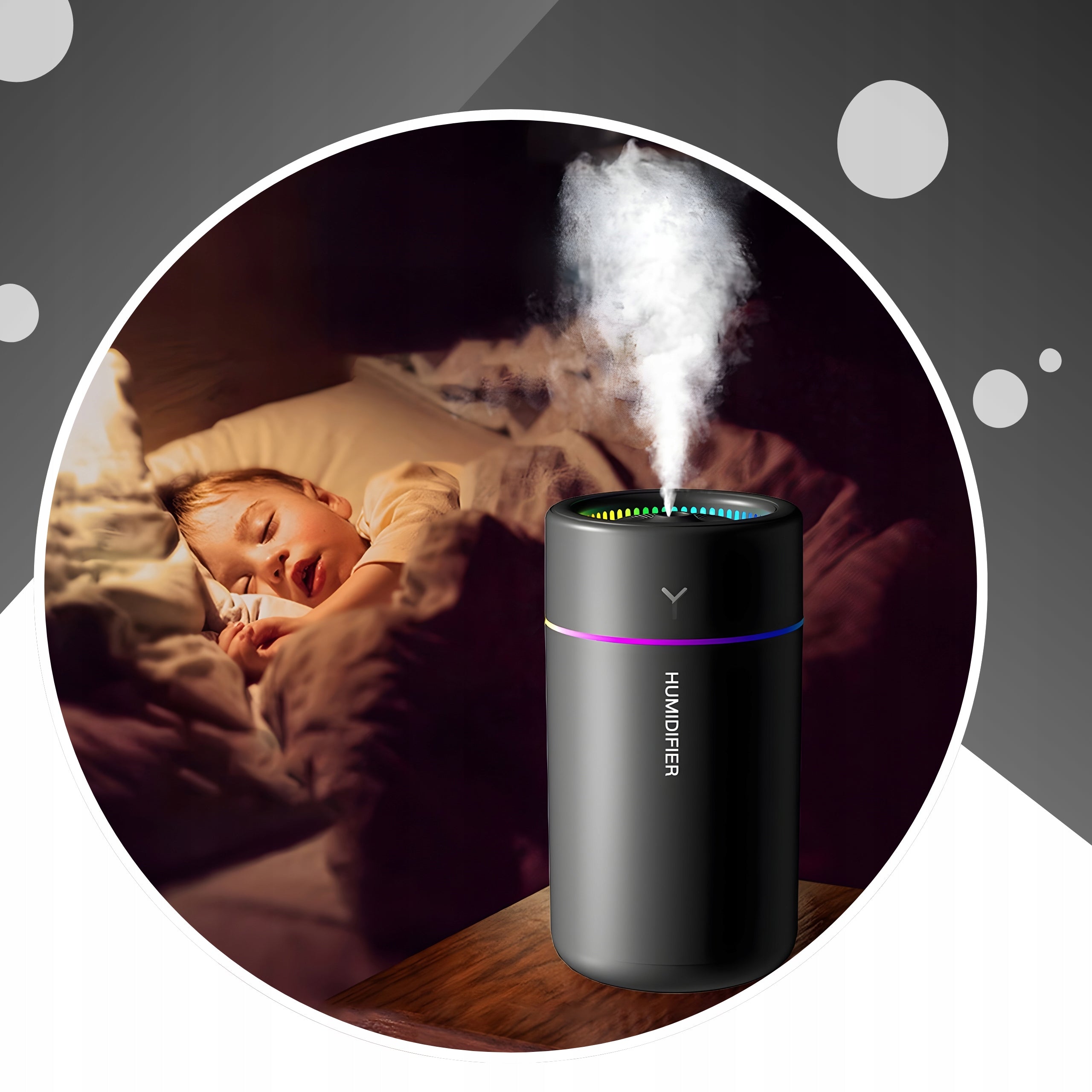 HUMIDIFIER USB FOR CAR AROMATHERAPY LED RGB 300 ML BLACK QUIET Model Dyfuzor Compact 300 ml nawilżacz