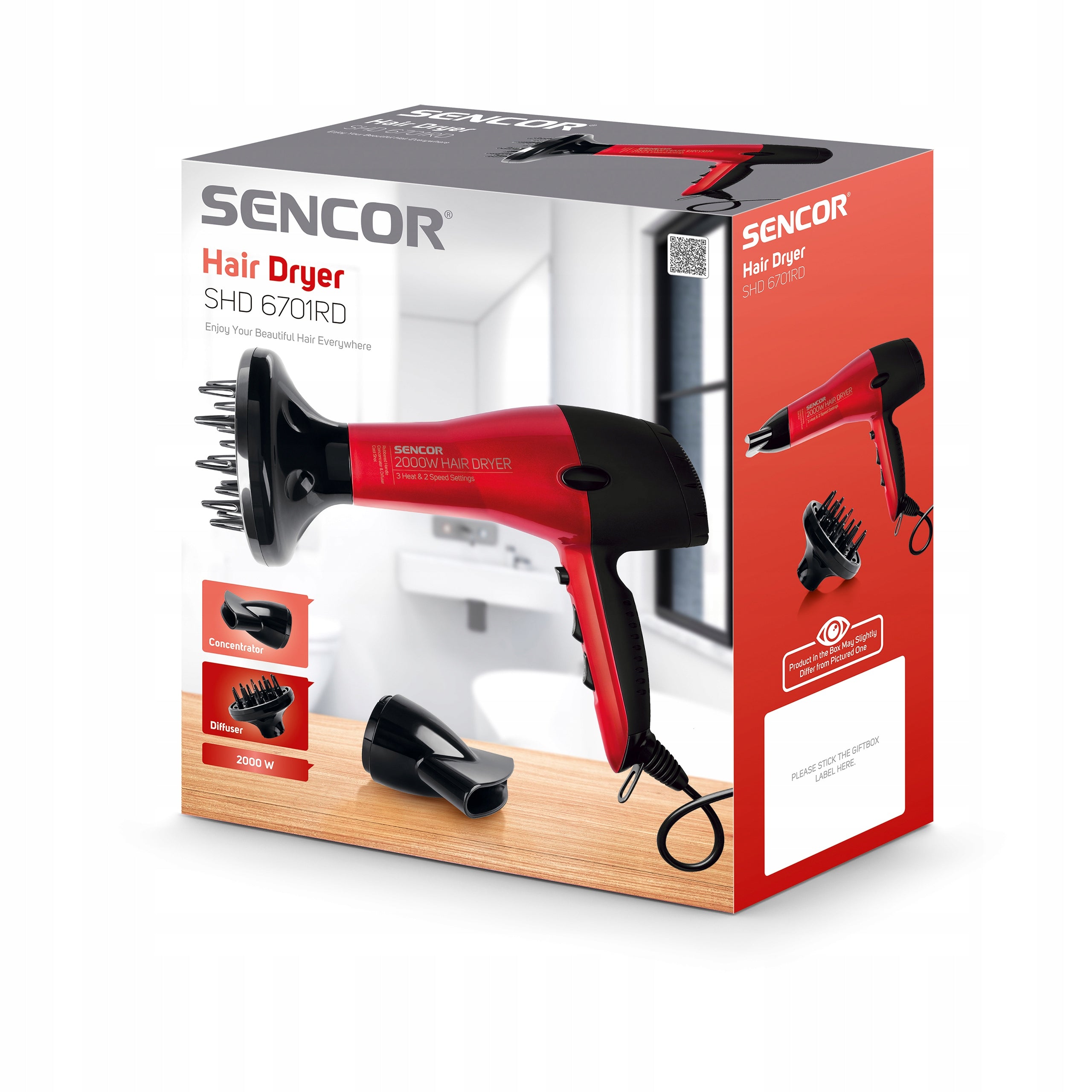 Hair Dryer Red Diffuser SHD 6701RD Strong 2000W Manufacturer code Sencor SHD6701RD