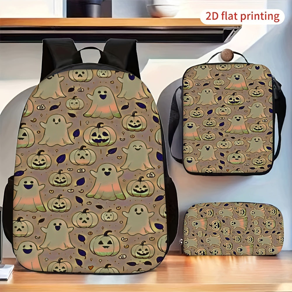 Halloween Ghost Pumpkin Print 3-Piece Backpack Set: Includes Backpack, Crossbody Bag, and Pencil Case